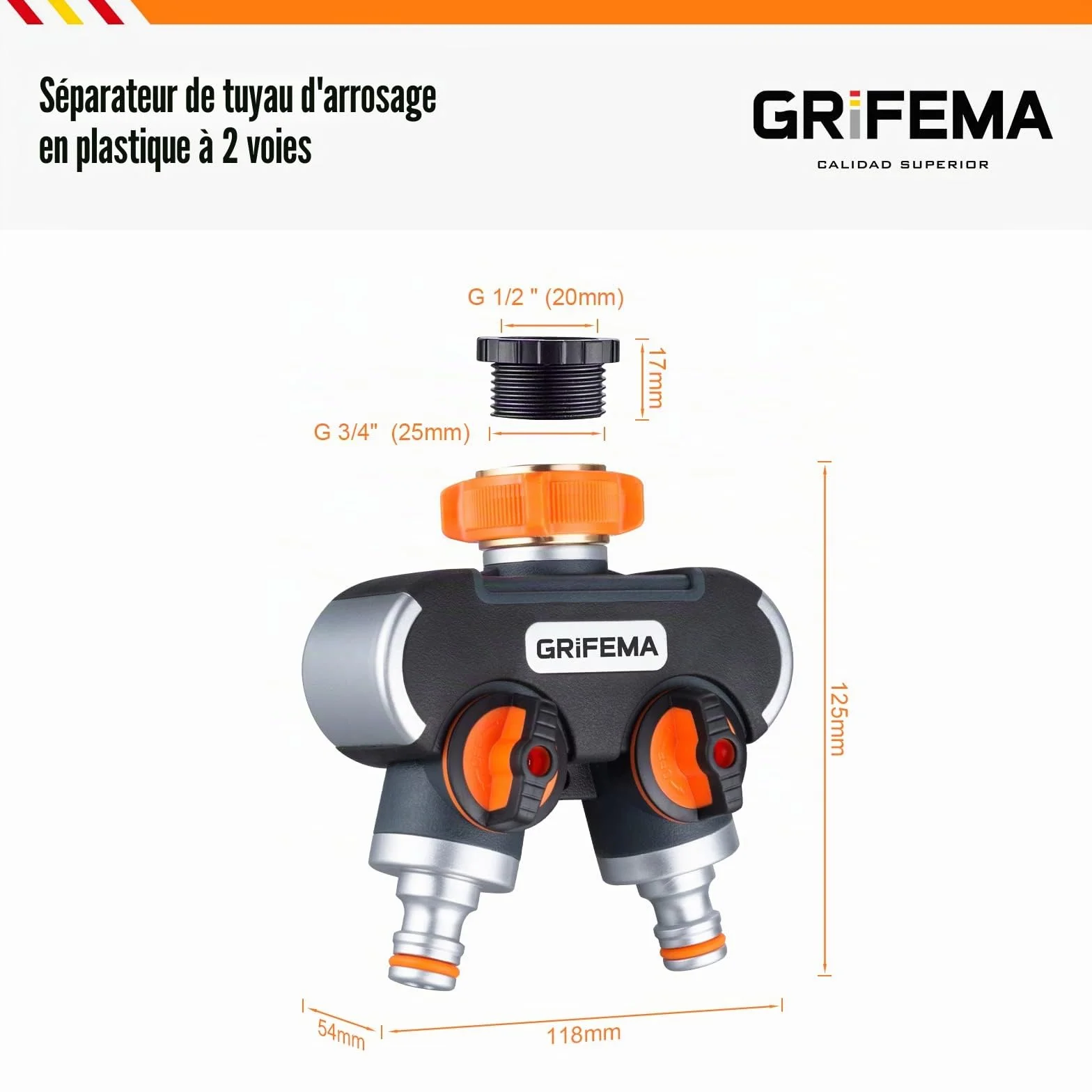 GRIFEMA GE1401-2 Distributeur Arrosage 2 Voies Diviseur de Tuyau avec Interrupteur de Commande Orange/Noir