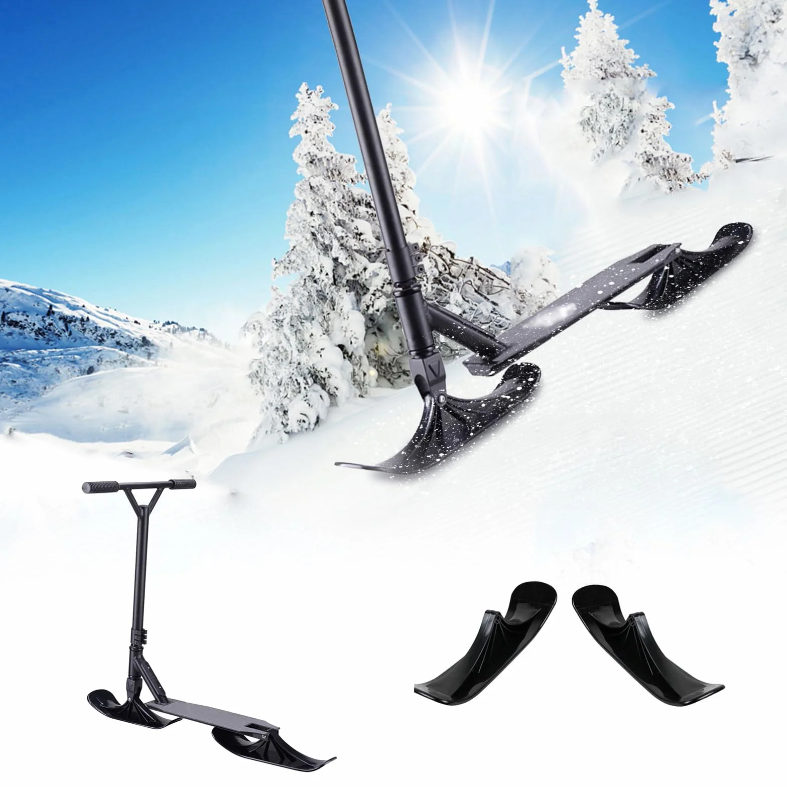 Lot de 2 patins à neige - Kit de conversion pour trottinette à neige - Kit de conversion - Planche de skate pliable - Accessoire de vélo d'hiver pour enfants - Accessoires de traîneau à deux roues -