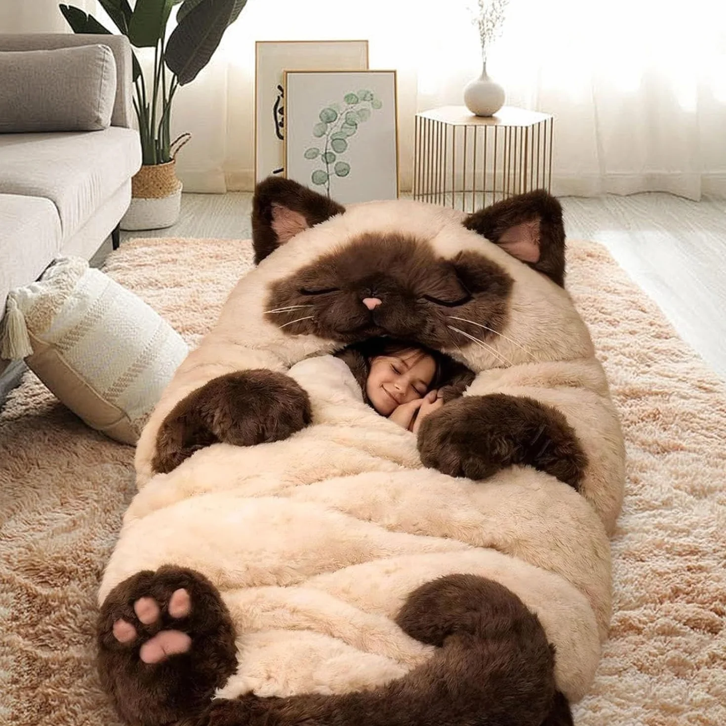 Sac de couchage en forme de chat pour adultes, 170 cm, lavable et chaud en peluche pour homme, adorable chat, couverture chaude en forme d'animal mignon, pour le camping, la maison, la détente
