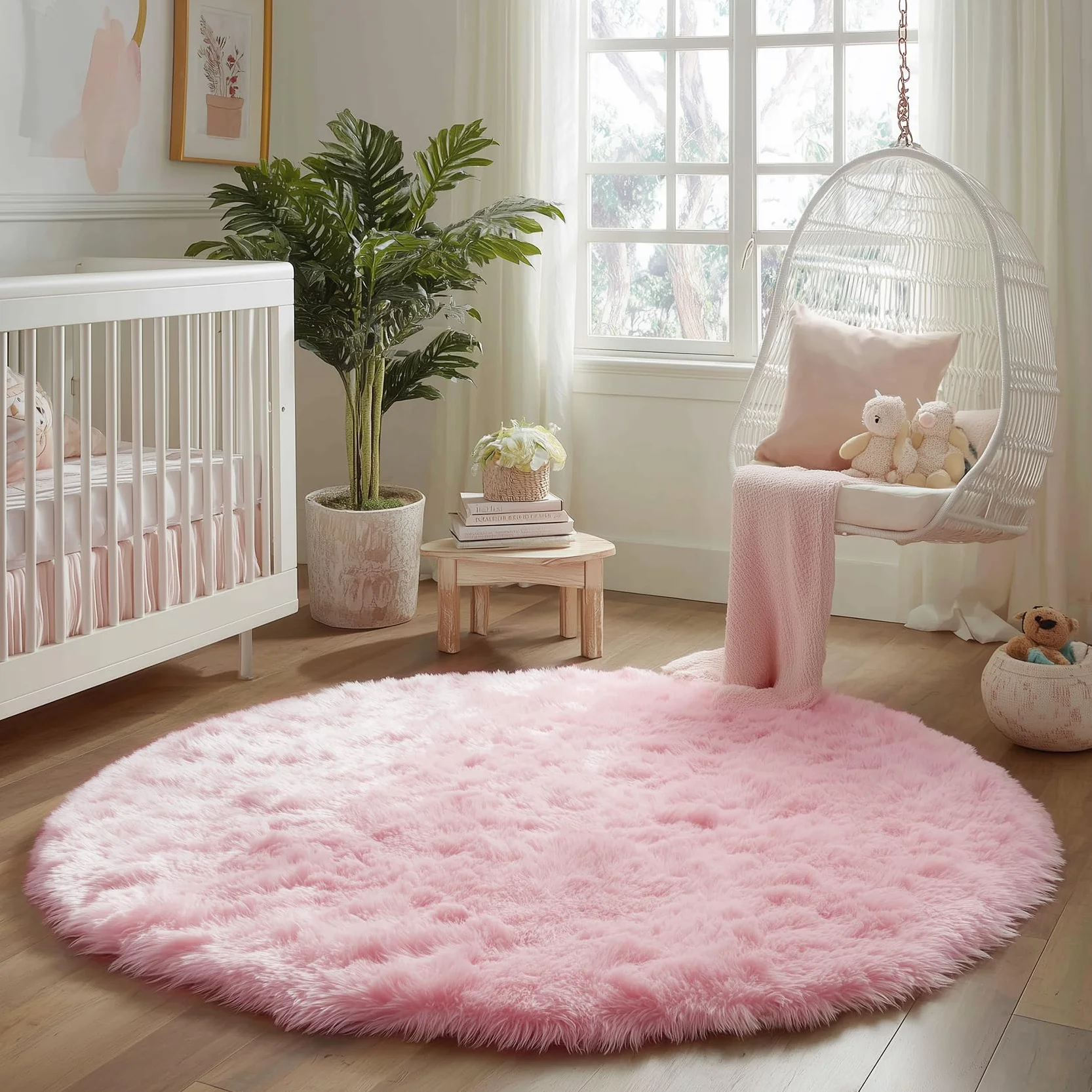 Tapis rond à poils longs pour chambre de fille, pelucheux, salon, crèche, bébé