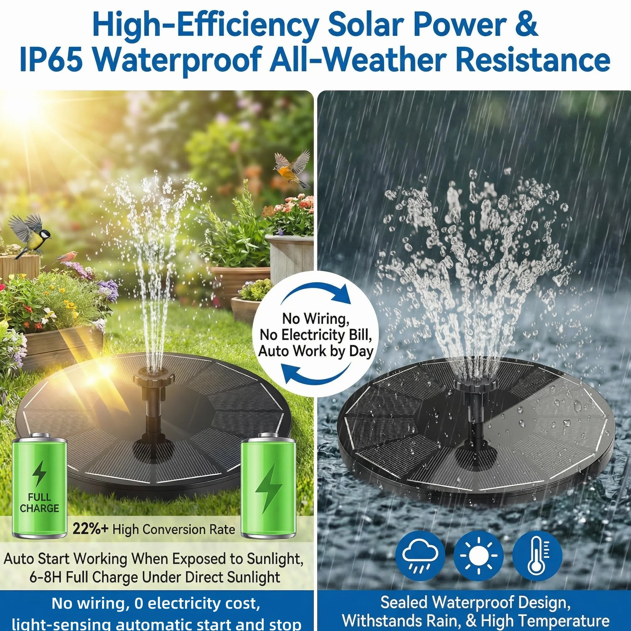 Fontaine Solaire pour Bassin 3,5W intégré 1500mAh Batterie 6 Buses Exterieure Jardin