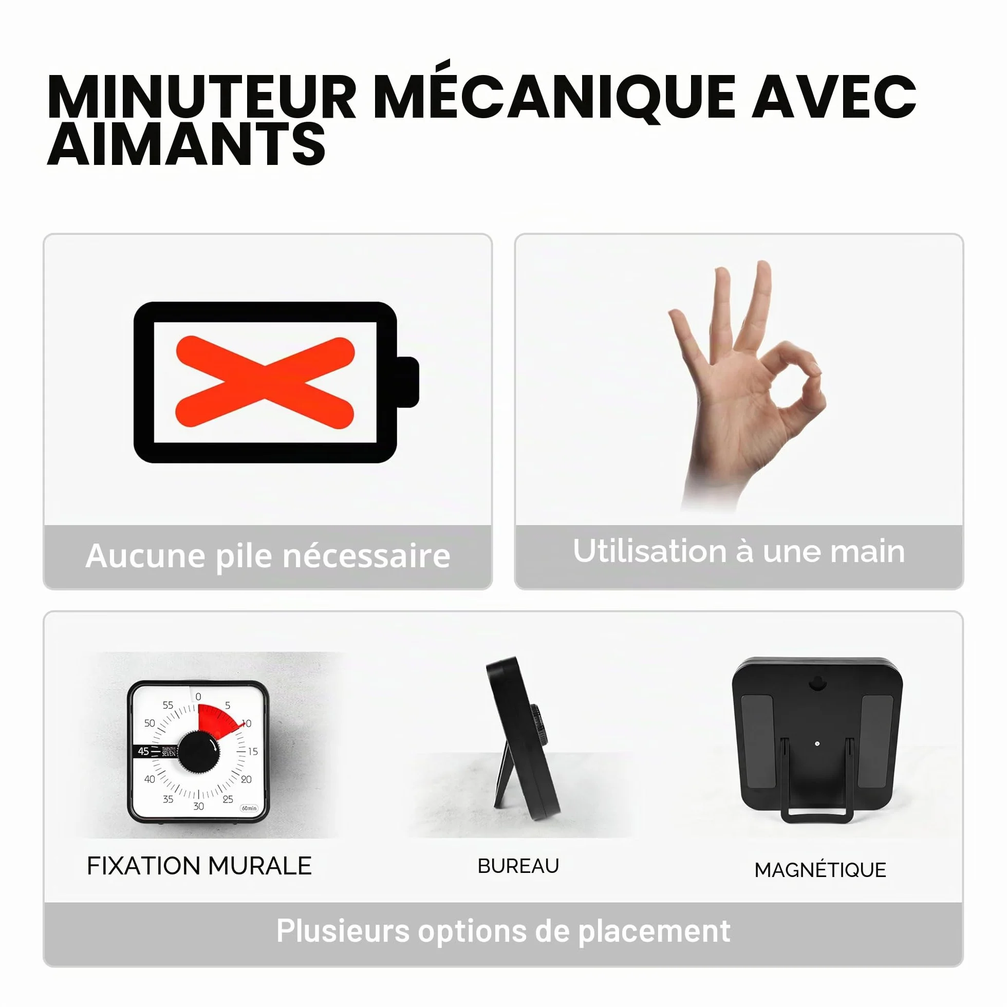 Minuteur à rebours 19 cm visuel pour salle de classe cuisine bureau noir
