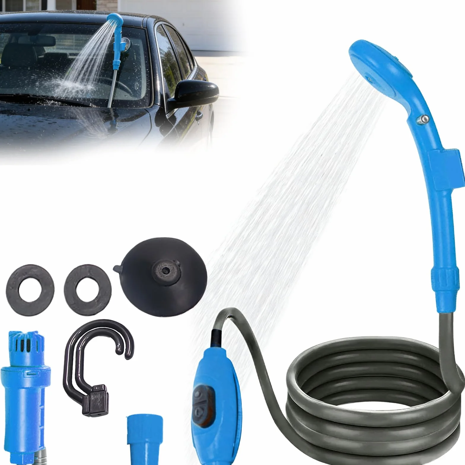 BORDEAG Douche de Camping Portable,Pompe de Douche,Prise Allume-Cigare 12V,Kit de Douche Mobile,Douche de Camping Extérieure avec Pommeau Et Flexible,Douche Extérieure pour Camping-Cars Et Voyages
