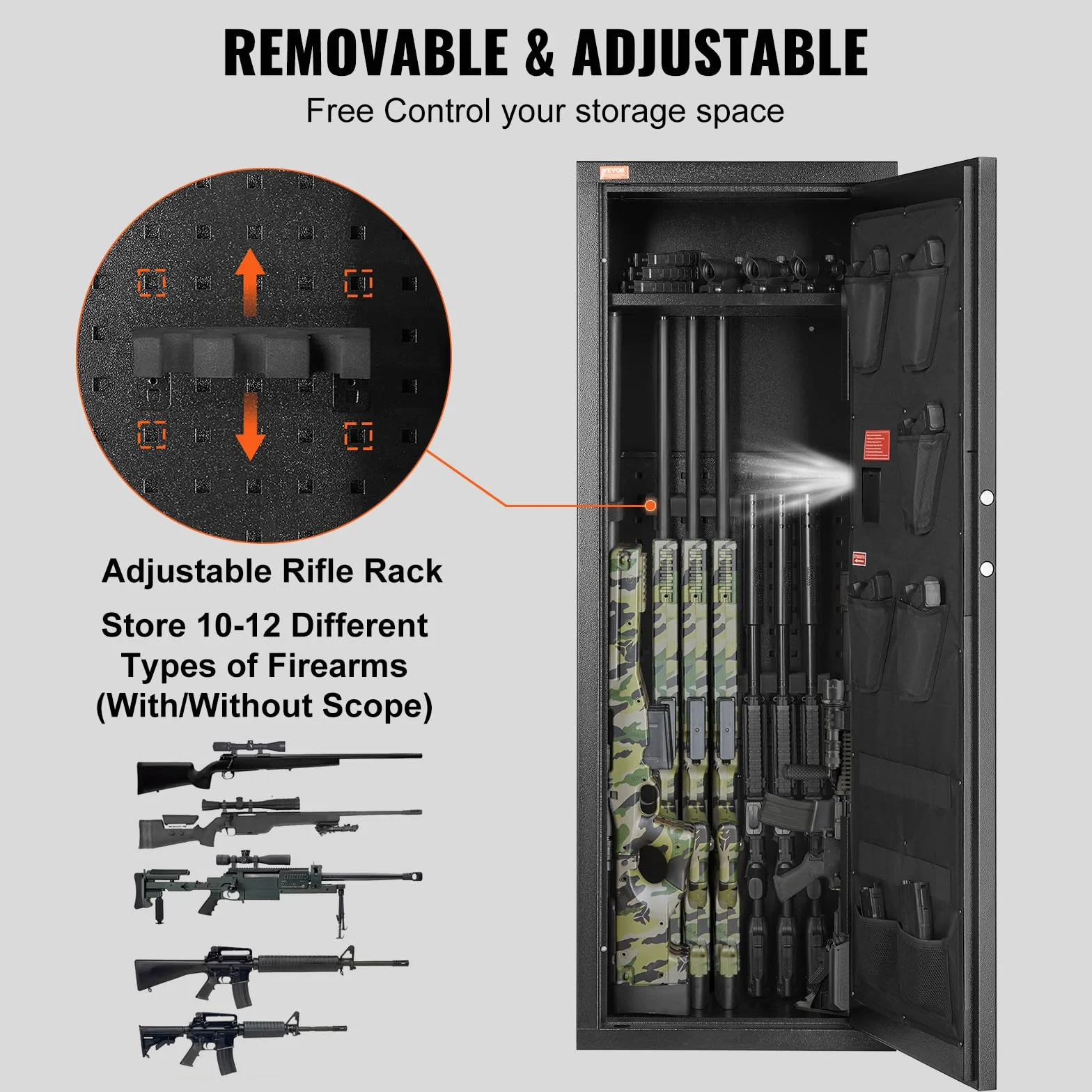 VEVOR Armoire à 10-12 Fusils, Coffre-Fort pour Armes à Feu 2 Façons de Verrouillage par Clavier Numérique et Clés, Accès Rapide, avec Étagère Amovible, Rangement pour Fusil de Chasse Sécurité