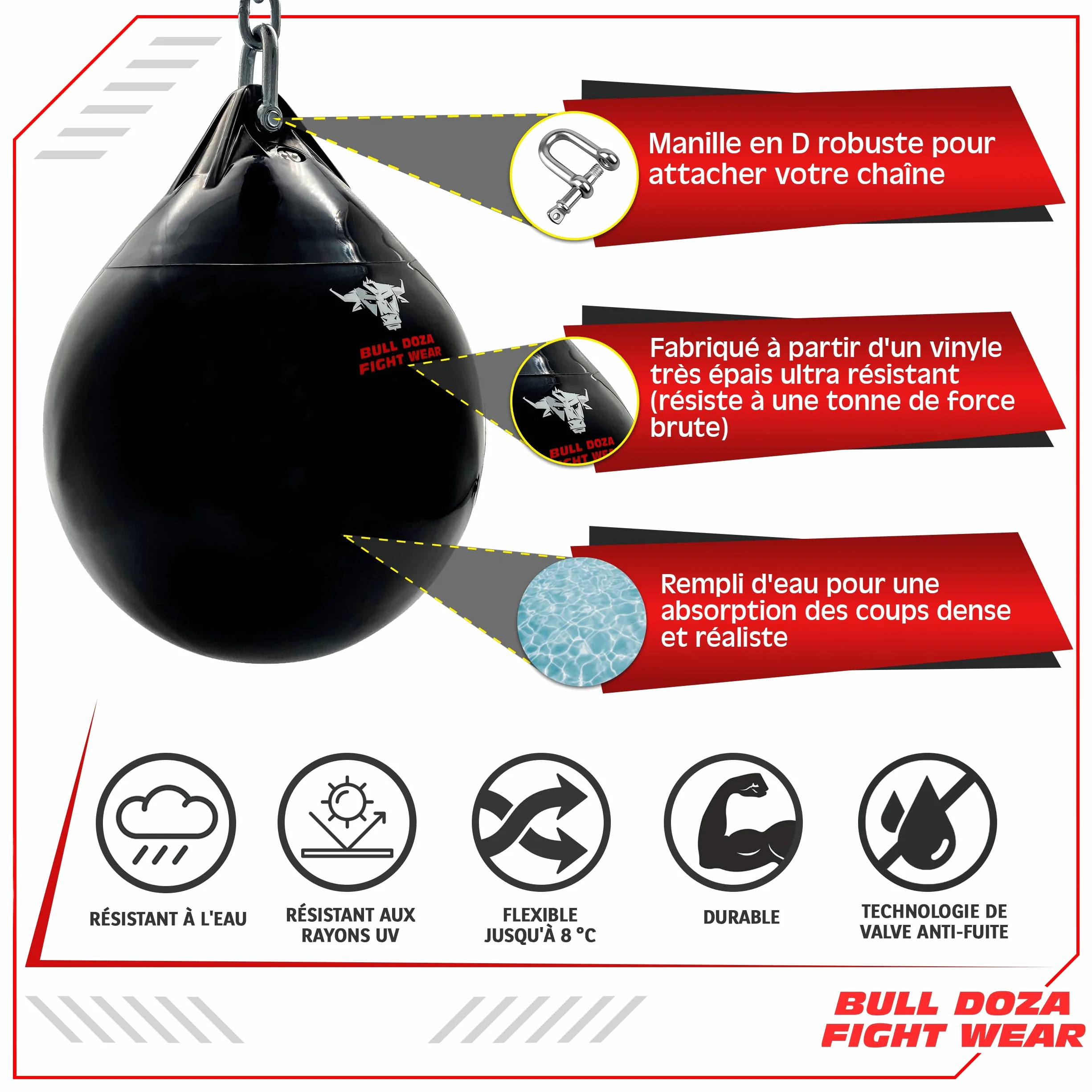 Bull Doza Fight WearWater Punch Bag - Robuste - Étanche - Trois Tailles