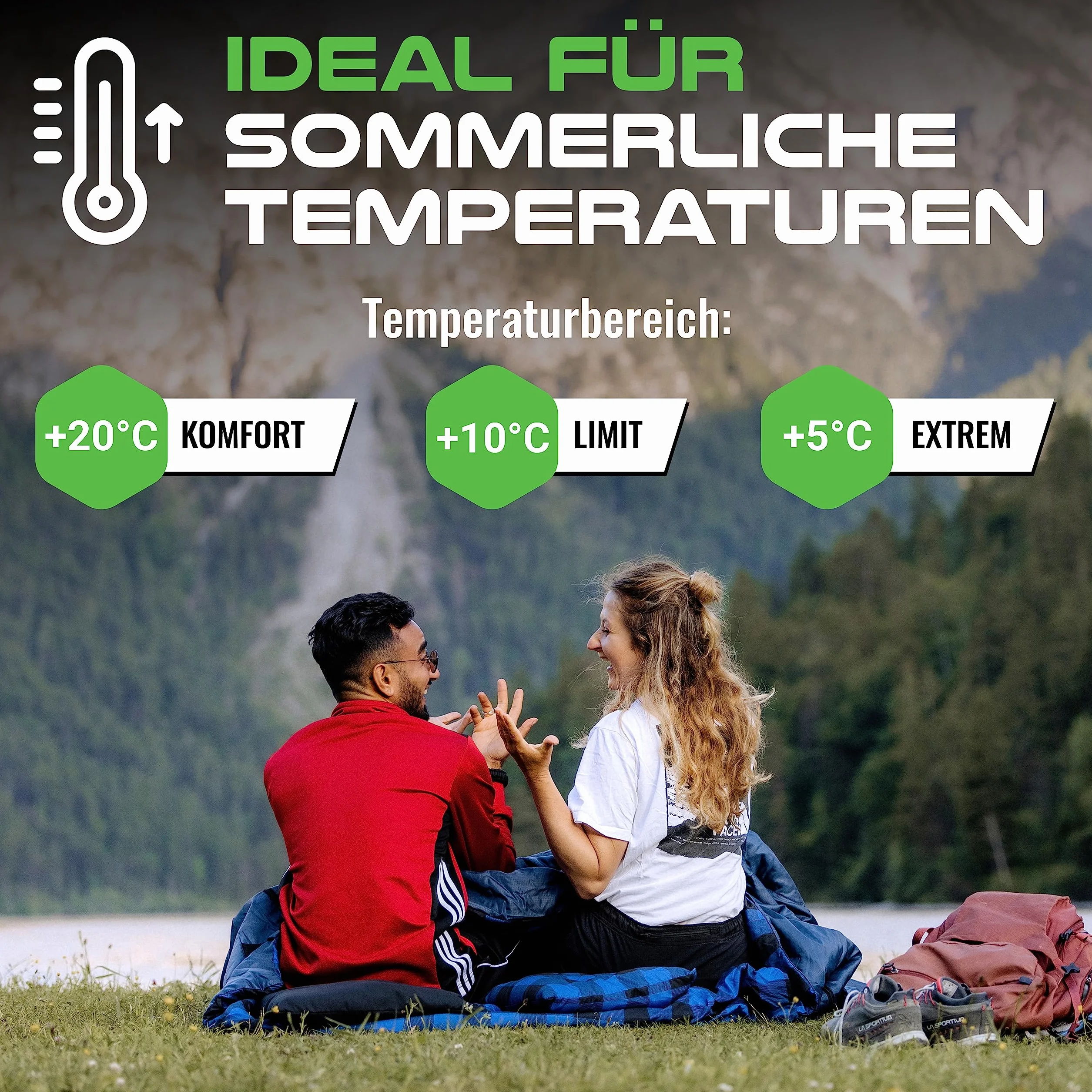 MOUNTREX Sac de Couchage Double d'Été XXL 210 x 150 cm Pour 2 Personnes Avec 2 Oreillers Camping Extérieur
