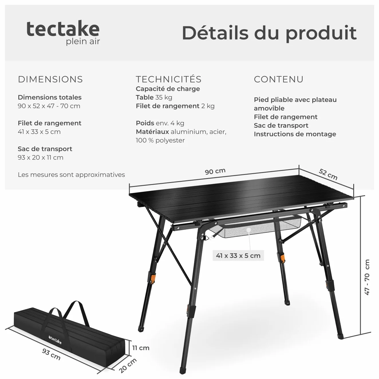 Tectake Table Pliante de Pique Nique et Camping en Aluminium Réglable en Hauteur avec Sac de Transport