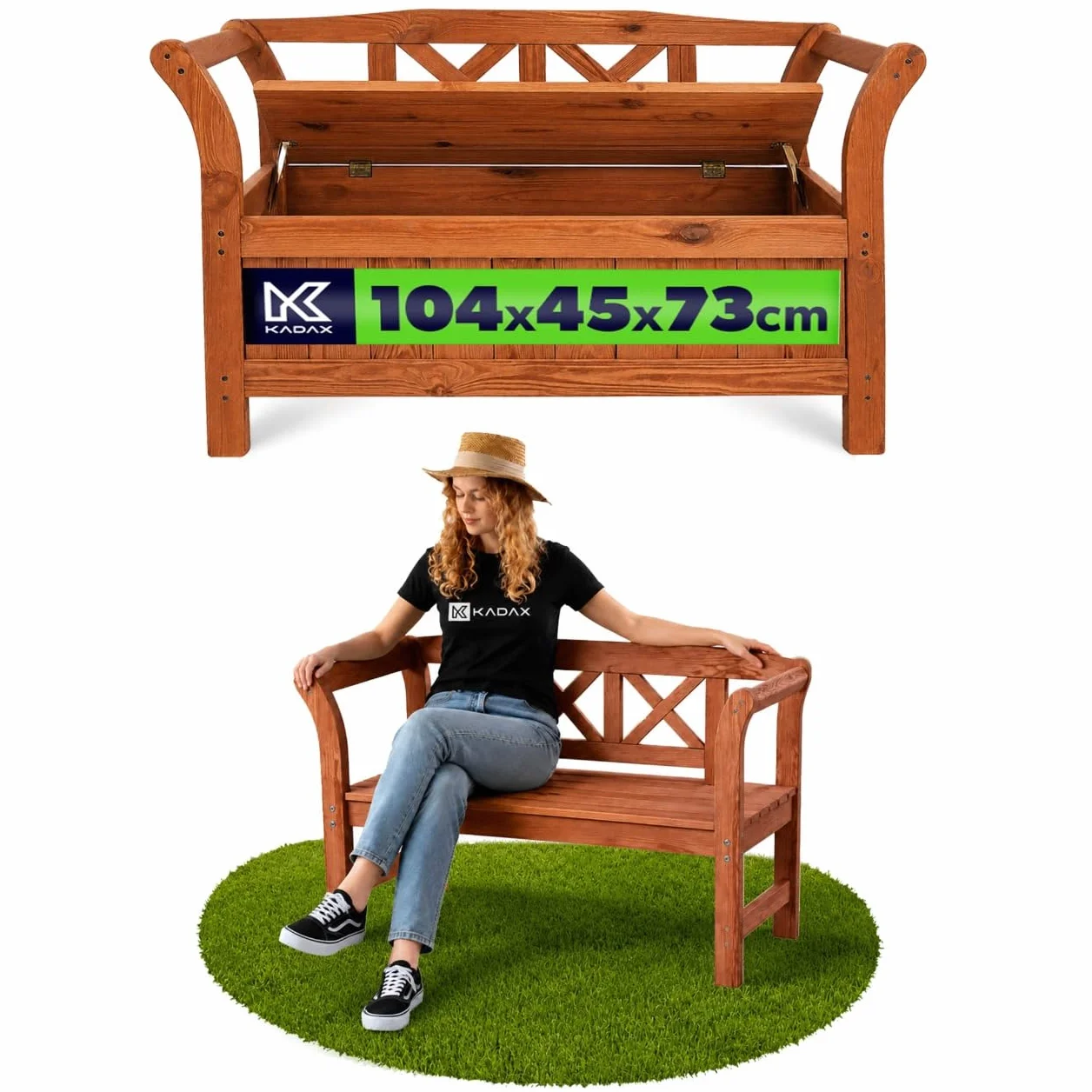 KADAX Banc de Jardin 119x43x75 cm Panneau de Fibres de Bois avec Rangement Dossier Résistant aux intempéries Chêne doré