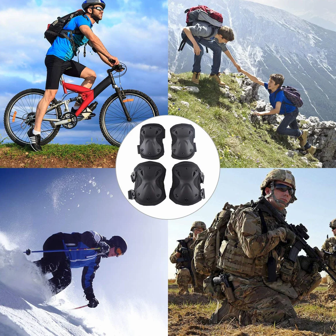Coussinets de protection tactiques pour le genou et le coude fixés pour le jeu de paintball CS de plein air, sécurité du vélo, planches à roulettes, patins (Black)