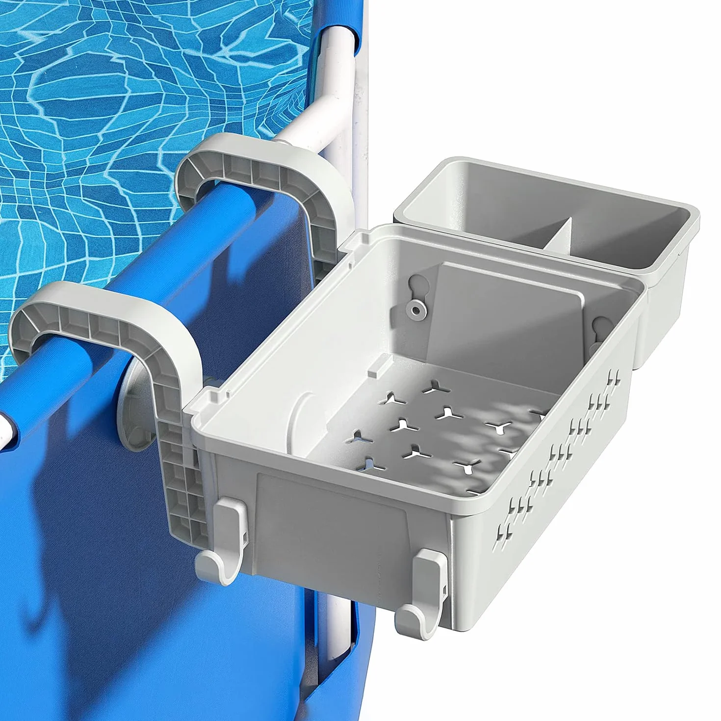 Panier de Rangement au Bord de Piscine avec Porte-Gobelet, Accessoires pour Jouets et Serviettes, Gris