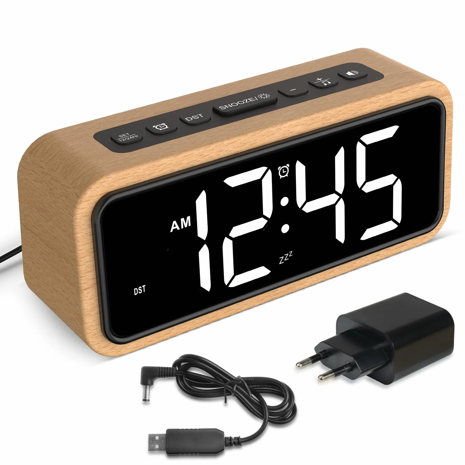 Réveil Rétro en Bois avec Affichage LED, 12 Sonneries d'Alarme, 5 Niveaux de Luminosité, Volume Réglable, Hêtre Blanc