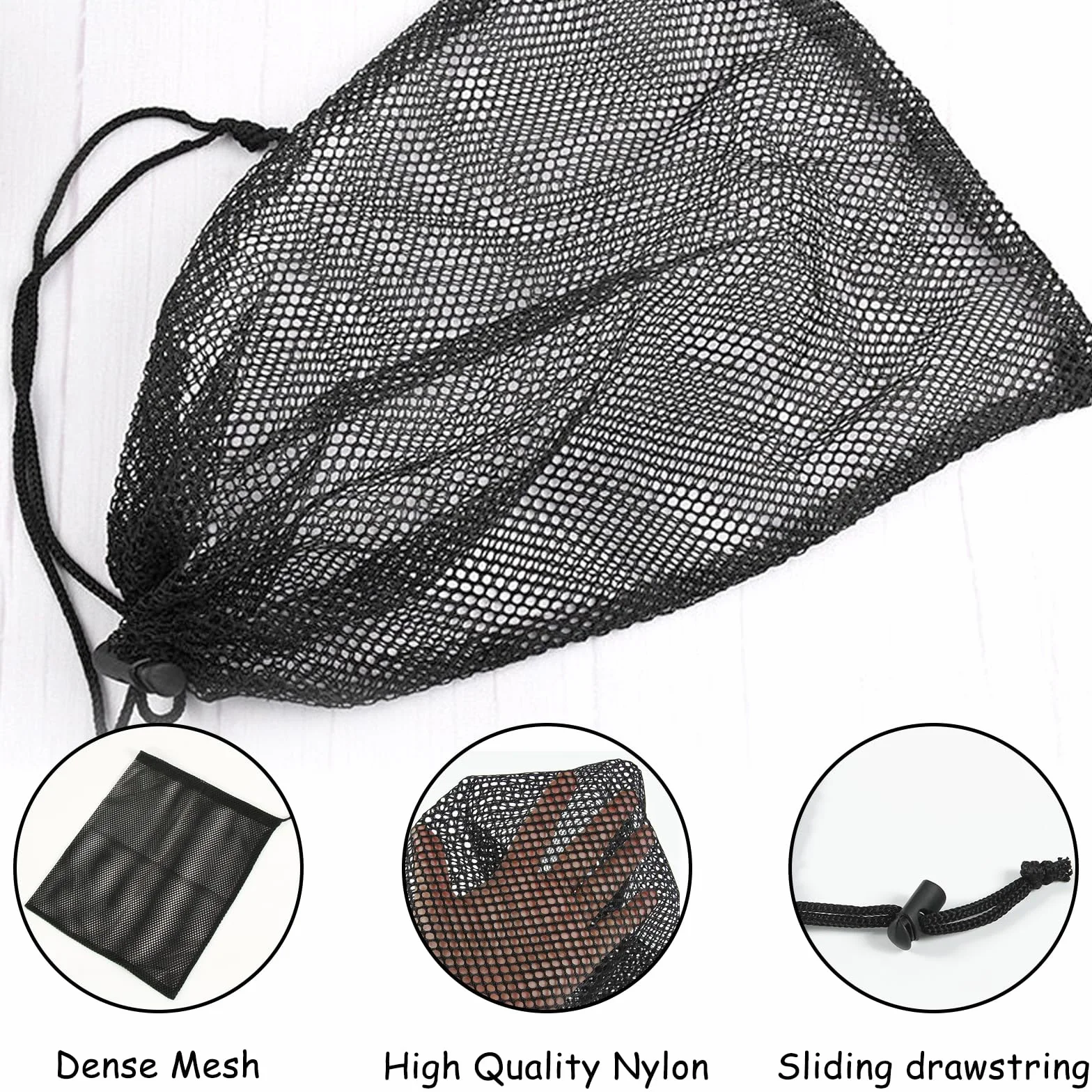 Lot de 4 Sac Noir Solide en Maille Filet,Sacs à Cordon en Maille,Sacs de Rangement à Cordon,Grand Organiseur de Plage,Sac en Nylon Léger,pour Voyages,Maquillage,Sport,Articles de Plage