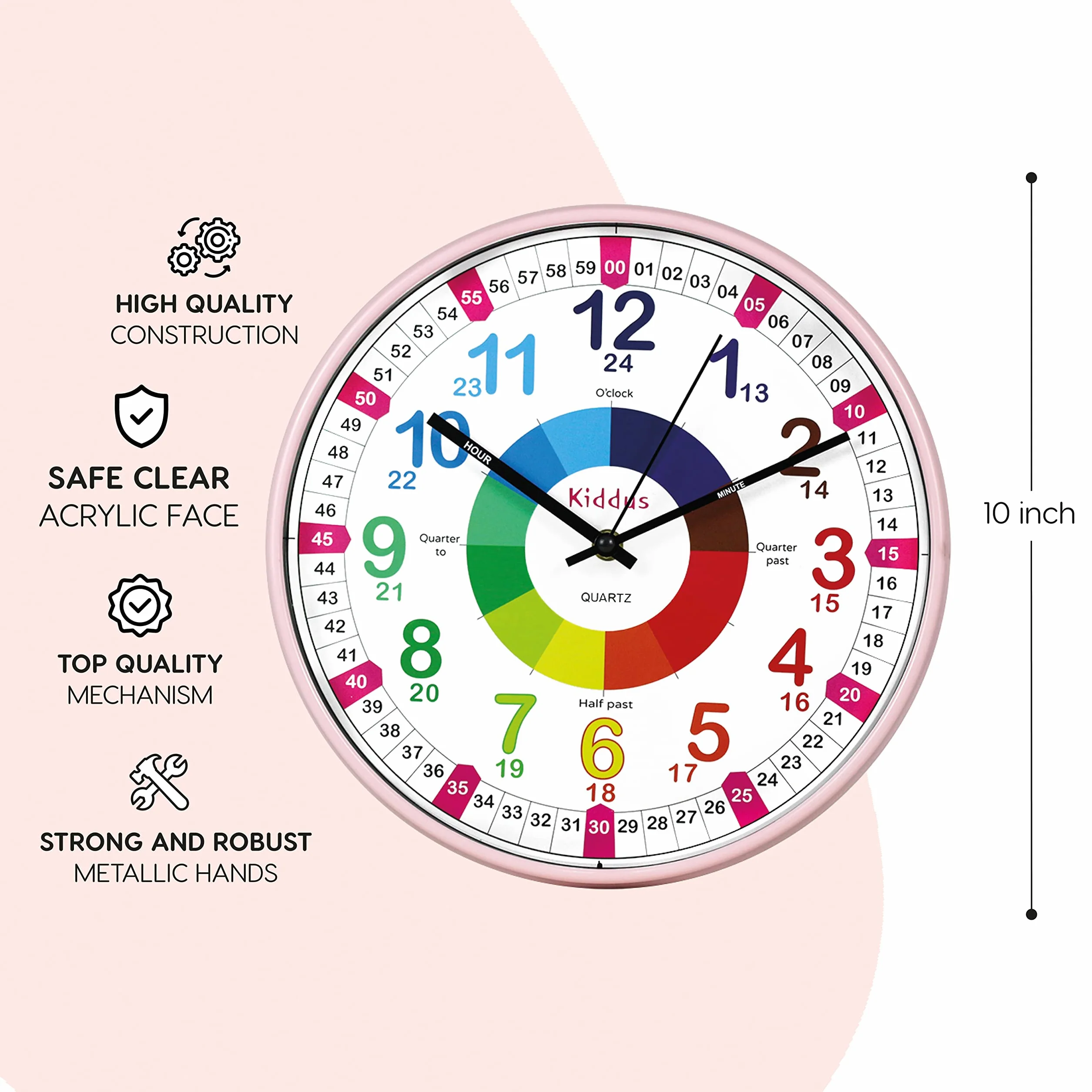Kiddus Horloge Murale Éducative pour Enfants 30 cm Time Teacher Analogique Quartz Silencieux