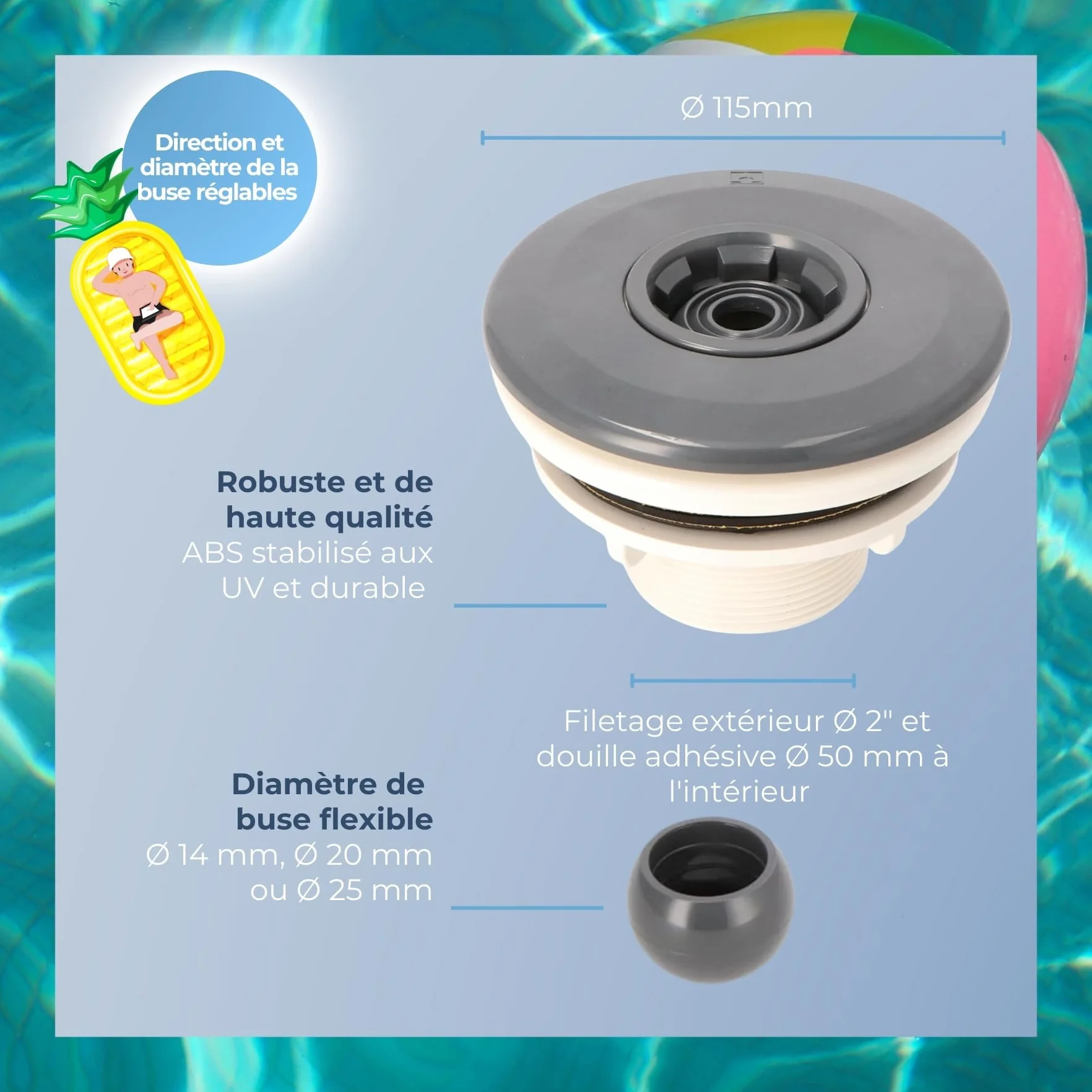 Buse de refoulement sans Grille Anthracite pour Piscine avec Liner, Bassin en Béton ou Polyester