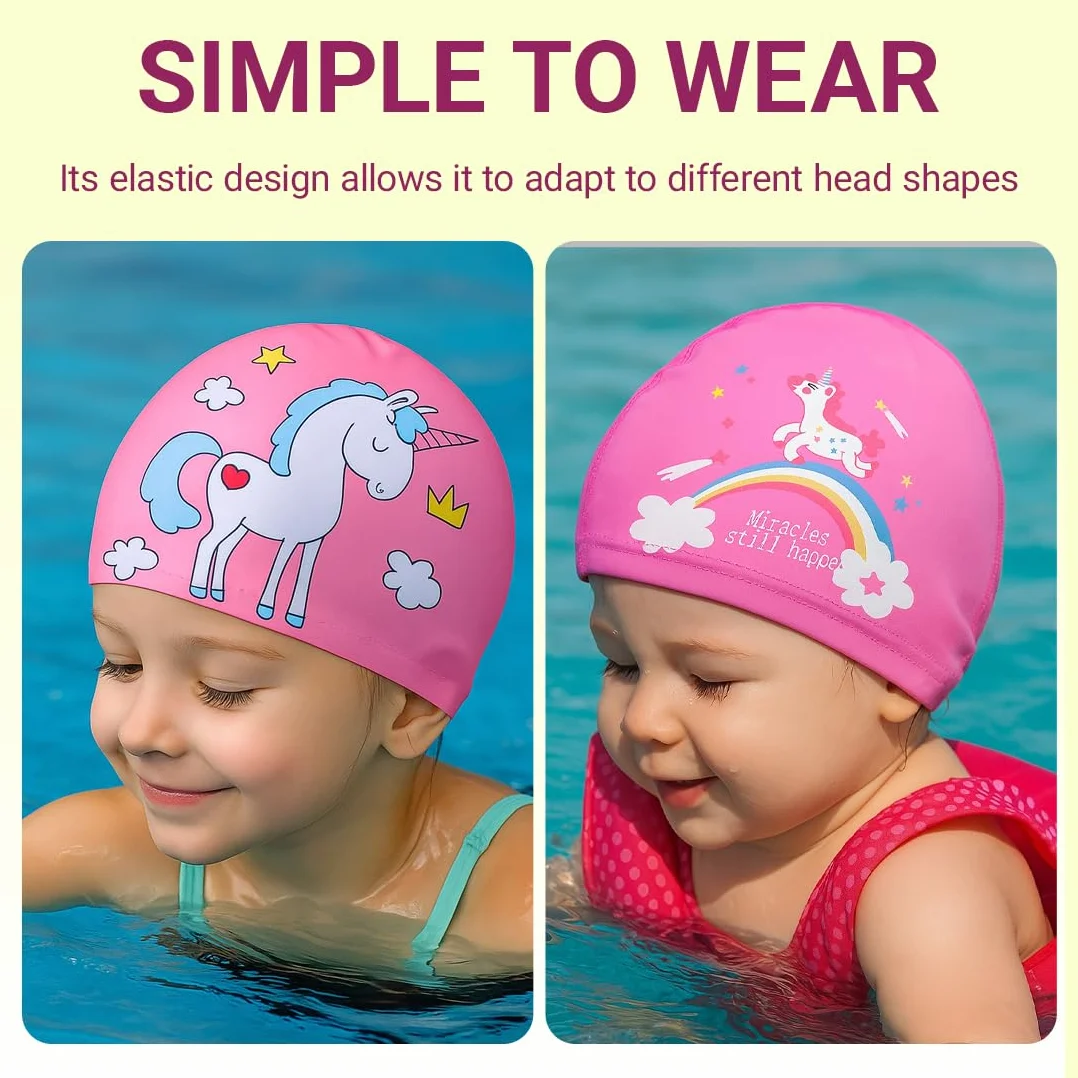 Lot de 2 bonnet piscine enfant imperméable licorne, bonnet de bain fille polyester rose 1-7 ans