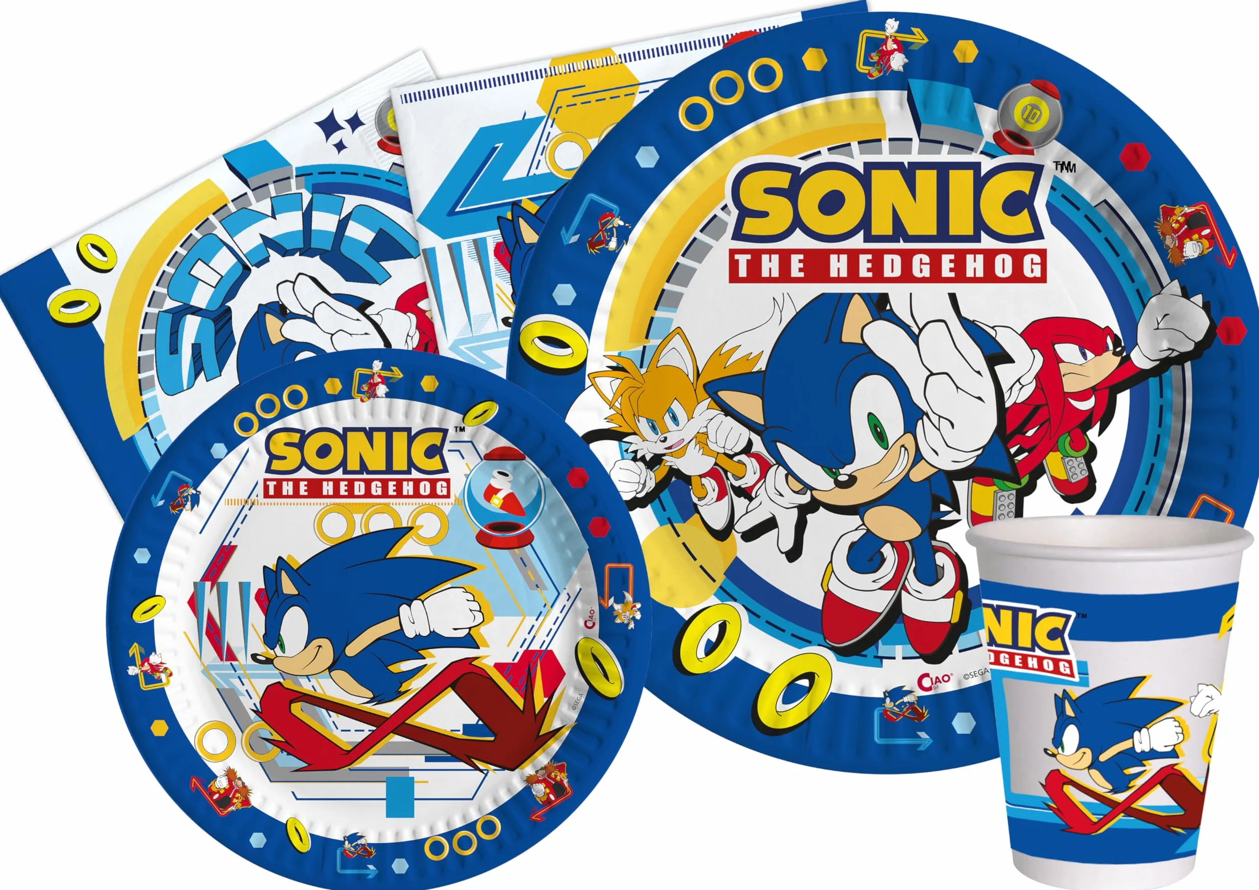 Sonic the Hedgehog Party-Set für 24 Personen 112-teilig Pappteller Becher Servietten kompostierbares Papier