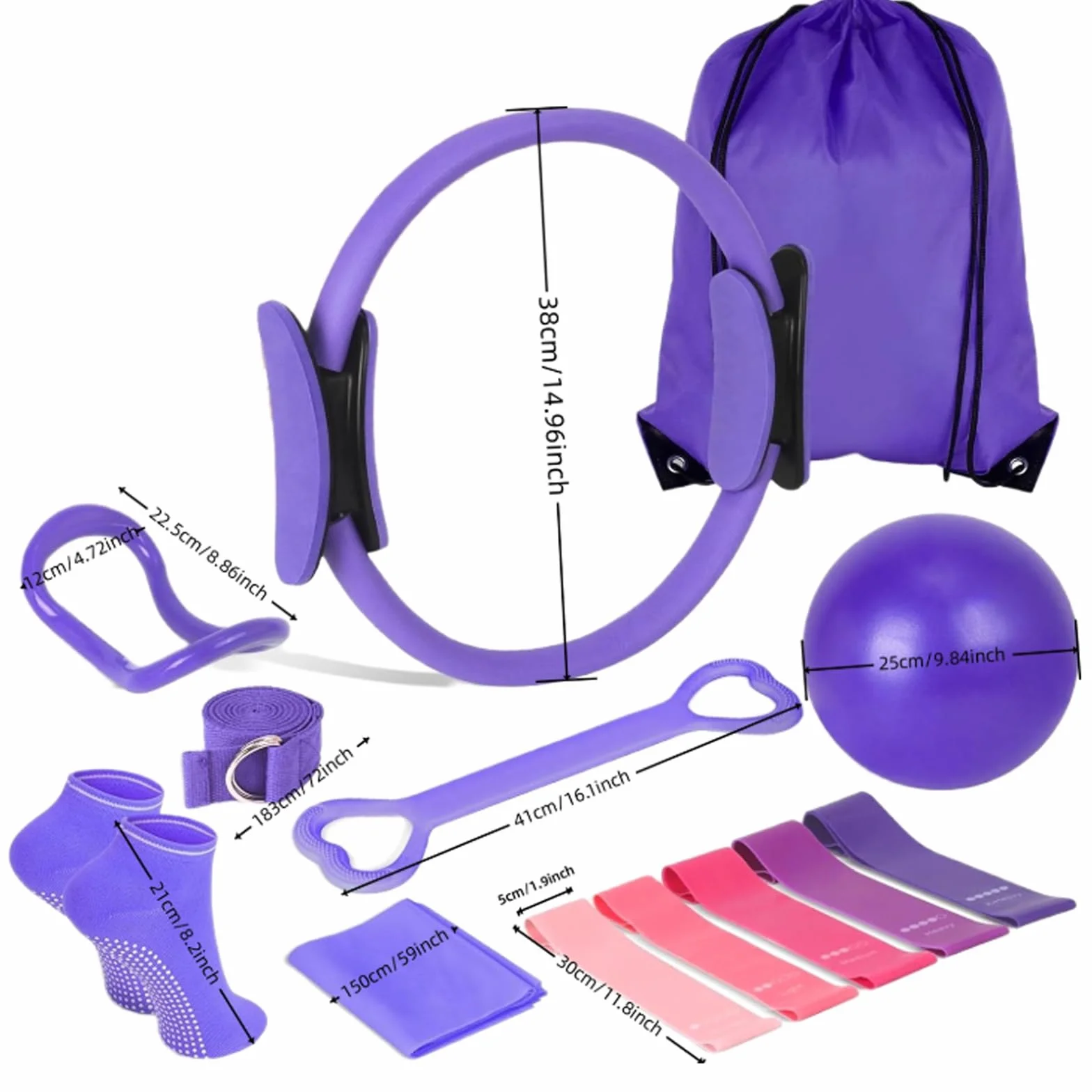 Kit de Pilates Essential de 13 pièces, pour femme, avec balle de pilates, anneau de pilates, bandes de résistance, chaussettes, anneau de Pilates et accessoires pour étirement et fitness