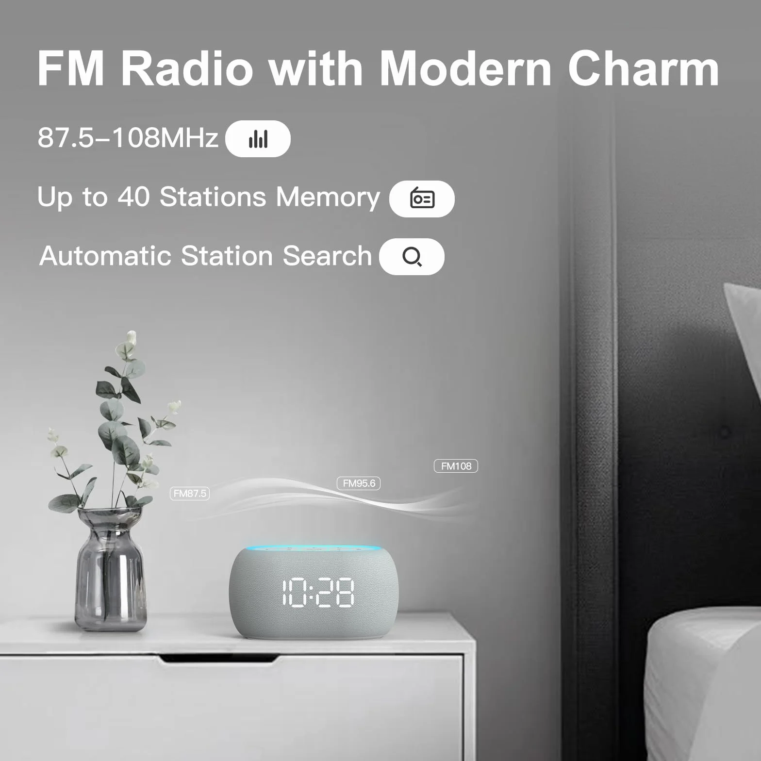 ANJANK Radio Réveil Bluetooth, 2 Haut-Parleurs Hi-Fi 10W, Veilleuse 7 Couleurs, Affichage 0-100%, 8 Sonneries