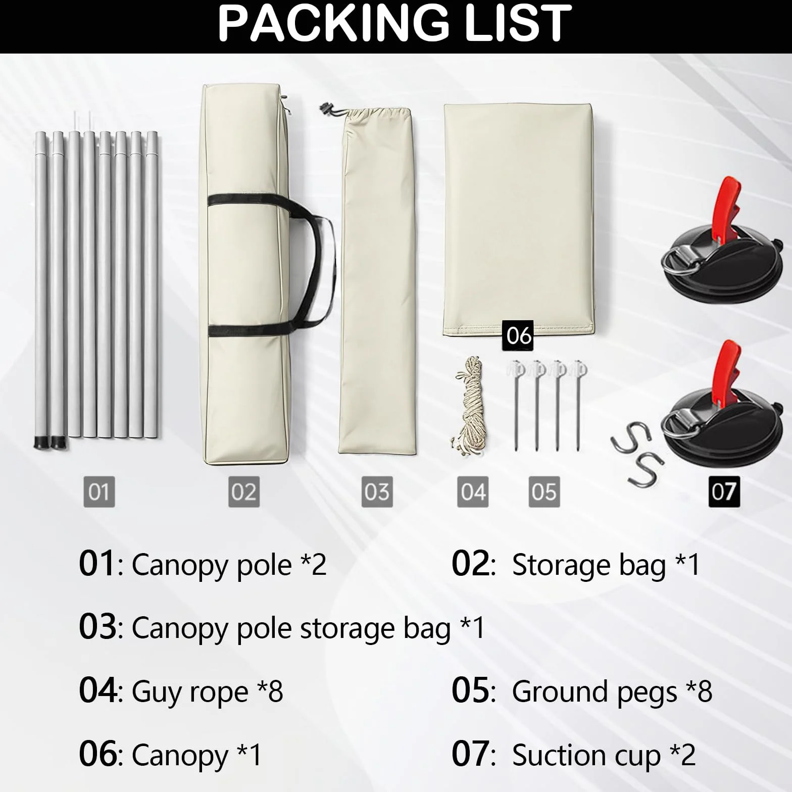 Kit de Auvent Voiture Rétractable, 200x300cm, avec 2 Poteaux, 8 Câbles de Haubanage, 8 Sardines, 2 Ventouses, Sac de Rangement et Sac de Transport, UPF50+, PU3000+, pour Aventures (Blanc)