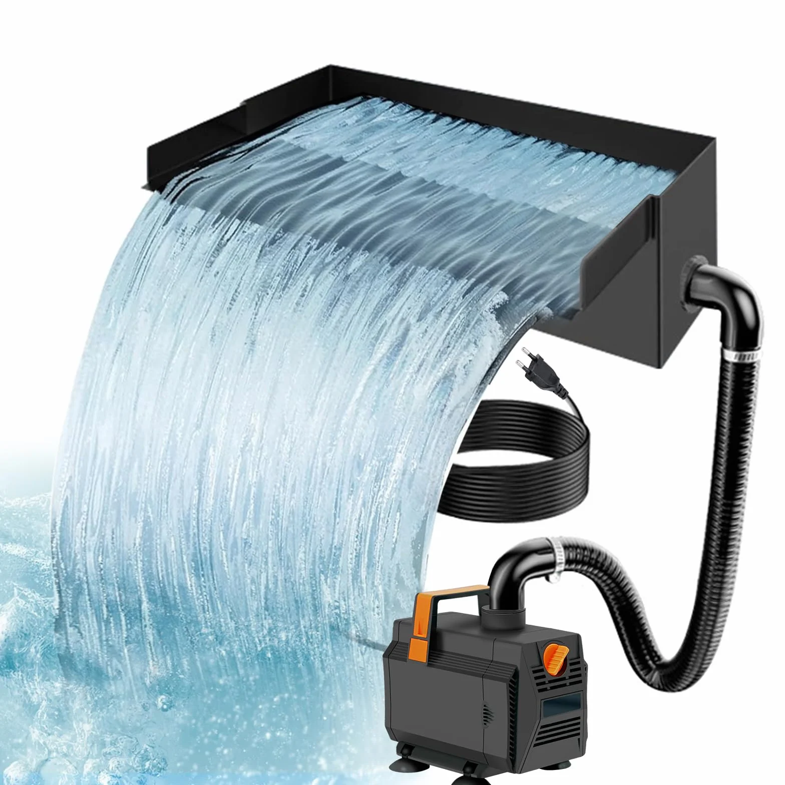 Cascade 30 cm pour Bassin de Jardin, Bac en Acier Inoxydable 304 avec Pompe 45W 3000 L/h et Tuyau 3m