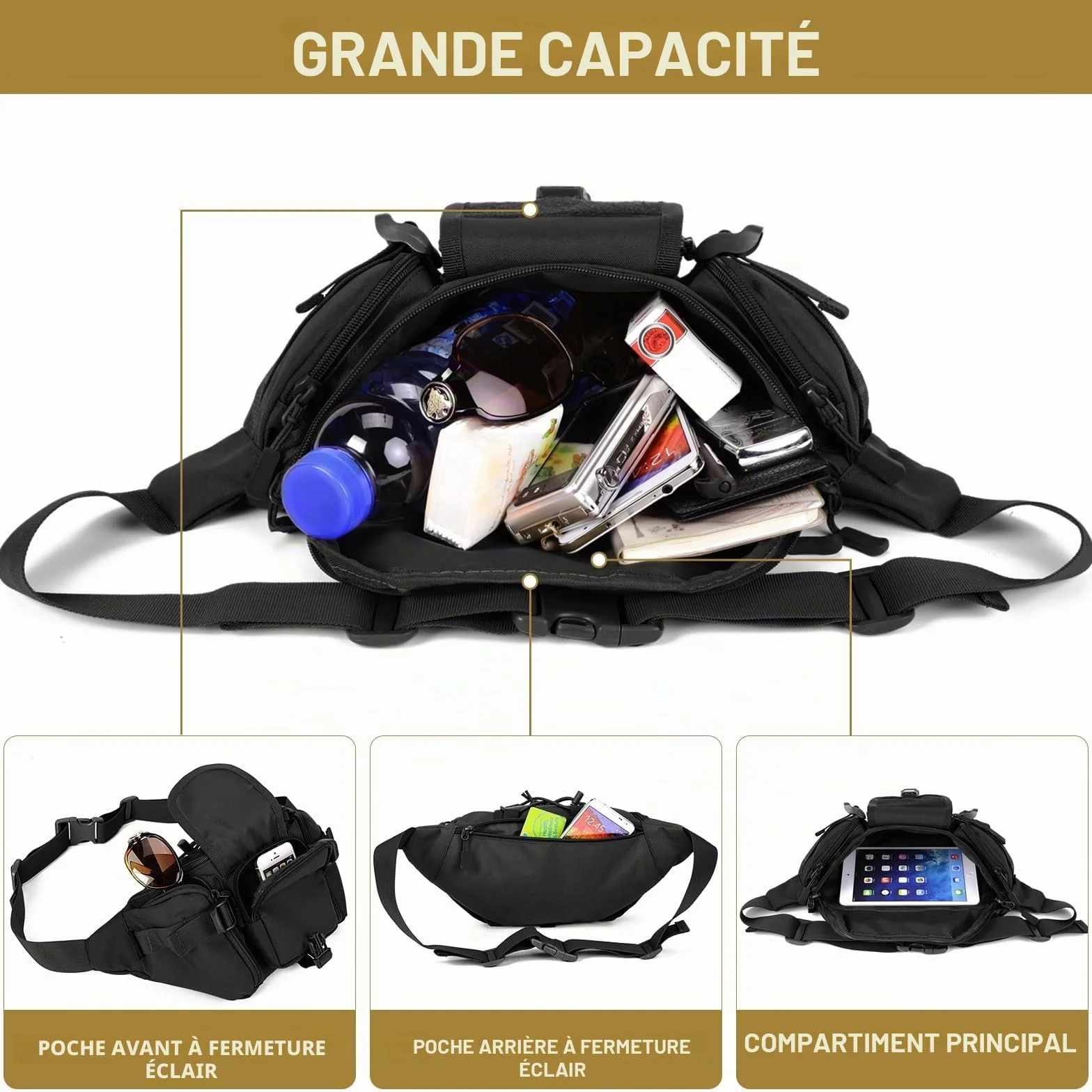 Huntvp Sac Banane Homme Femme Tactique Sacoche Banane Militaire avec Porte Bouteille Sac de Ceinture Bandoulière Multifonctionnel pour Randonnée, Voyage, Camping, Gym, Cyclisme