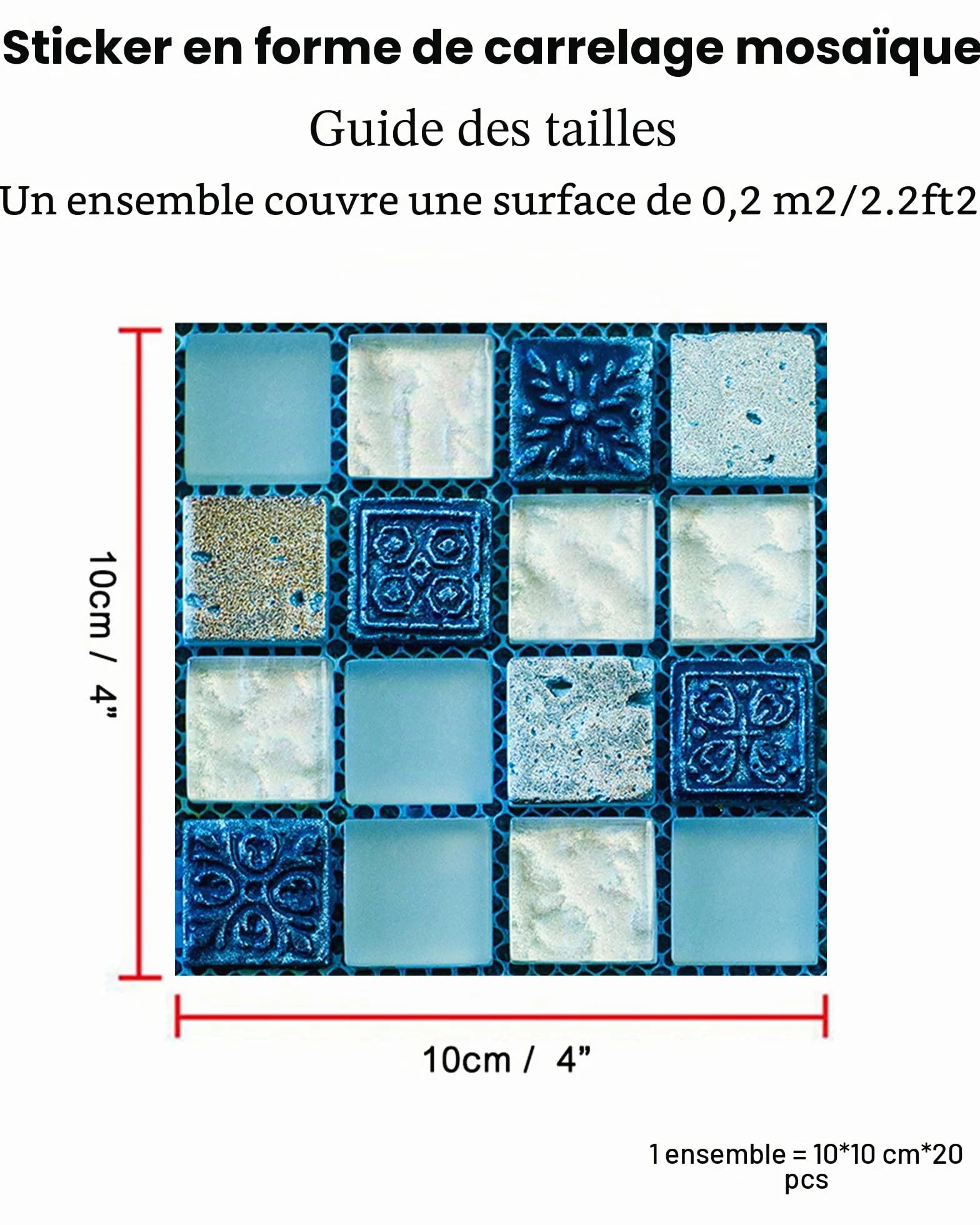 Autocollant Carreau Auto-Adhésif Fond D'écran Résistant à la Chaleur Étanche Dosseret Cuisine Salle de Bâton Mosaïque Bleu 10x10 cm