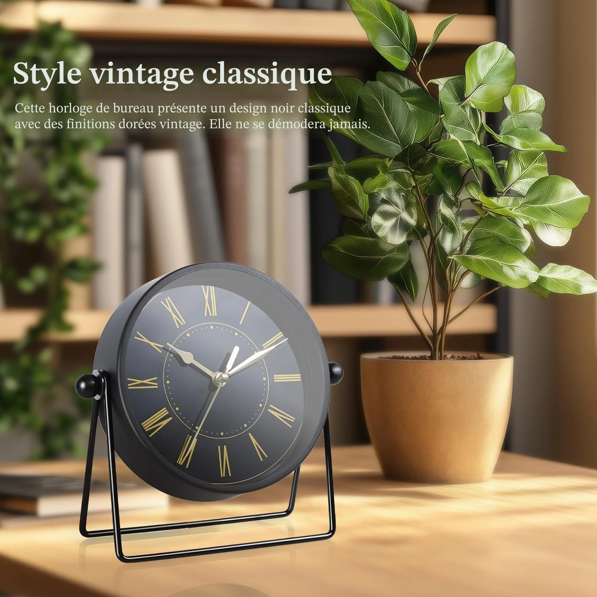 AYRELY Horloge de Table Vintage Métal Quartz Silencieux Angle Réglable Noir Doré