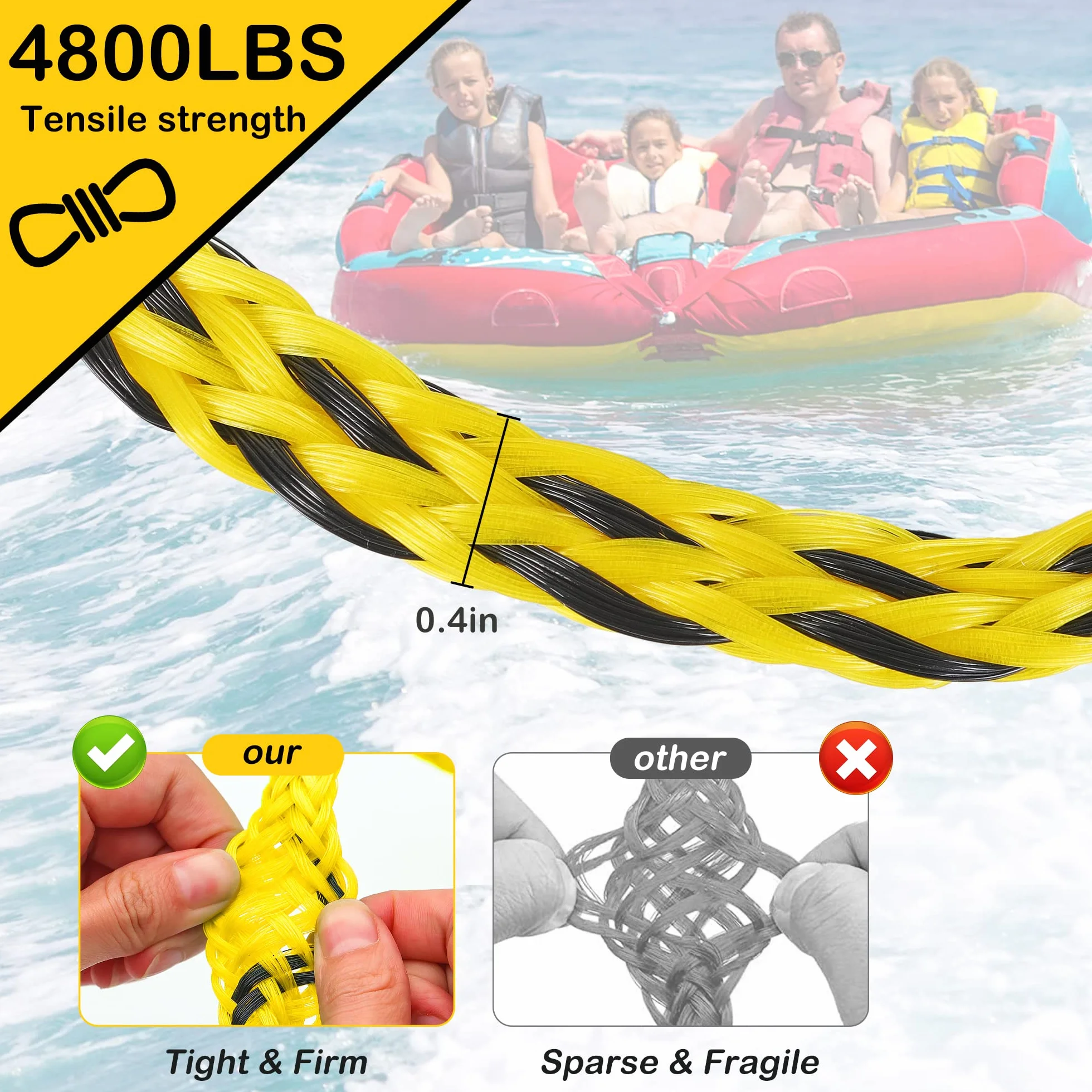 Harnais de Traction pour Bateau pour tubing, capacité de 5000lbs, poulie pivotante à 360°, Design Flottant, Crochets en Acier Inoxydable 304 (1,1 po), 17ft et 24ft