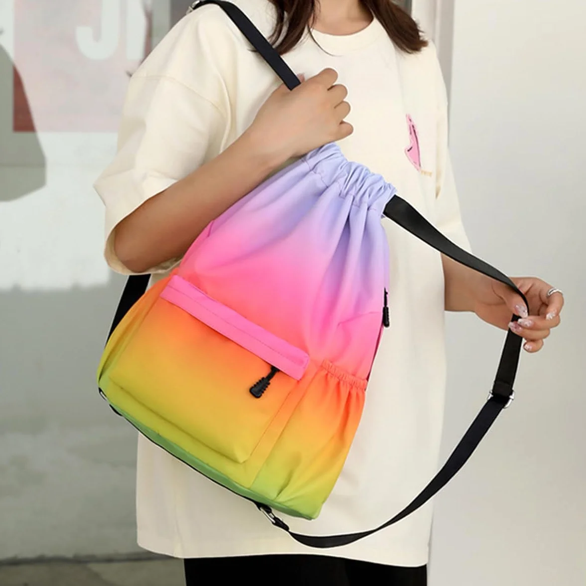 Sac de Sport à Cordon, Sac à Dos à Cordon pour Femme Homme, Sac de Gym avec Poche Zippée, Sac de Rangement pour Sport Voyage Yoga