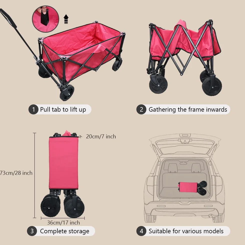 Chariot de Pique-Nique Pliable Grande Capacité Roues Pivotantes 360° Freins Rouge