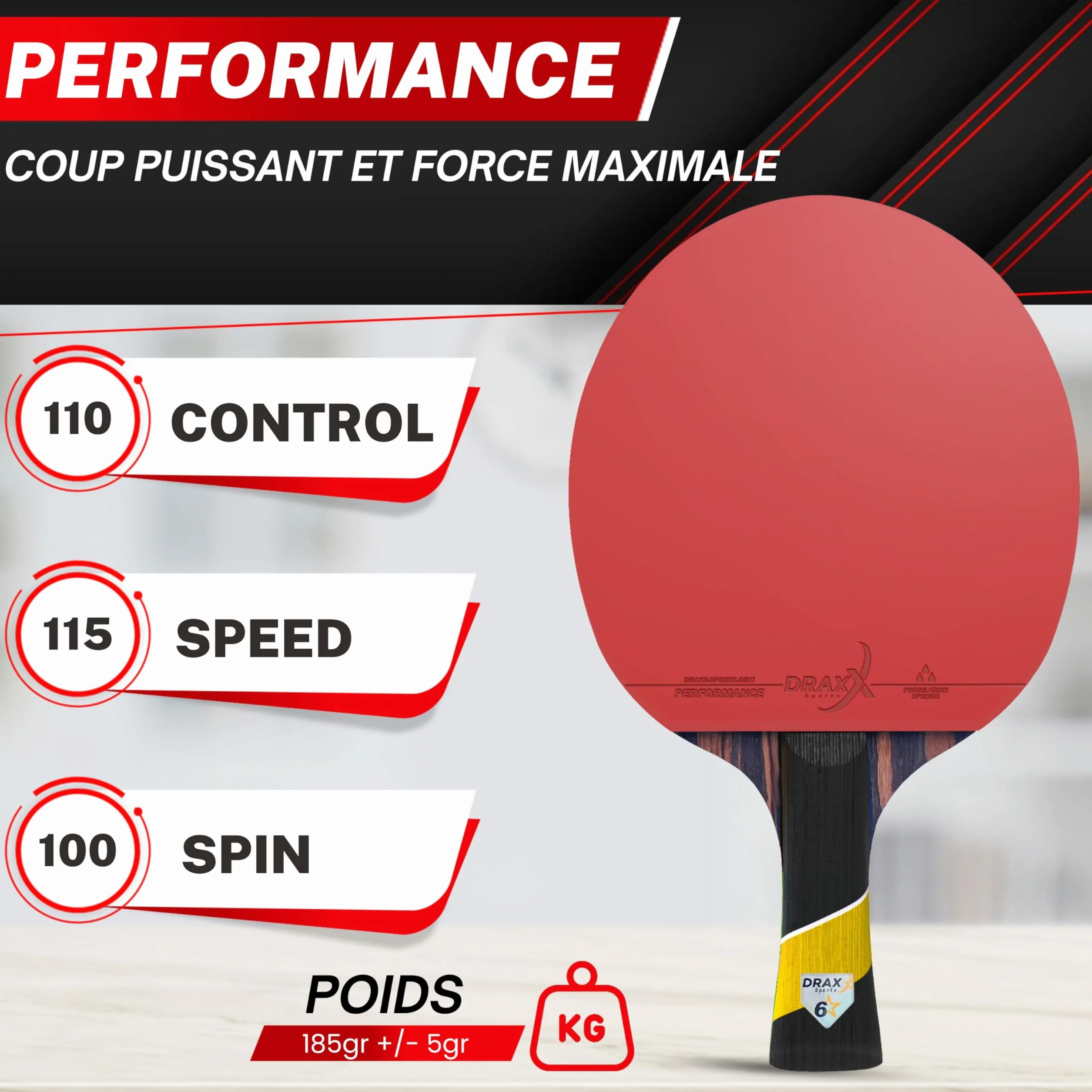 Raquette de Ping-Pong 6 Étoiles | Raquette Professionnel Carbone Pro épaisse, Maximum de Spin, Mousse Dense 2mm, Housse Offerte | Idéale Débutant à Pro | Entraînement & Compétition