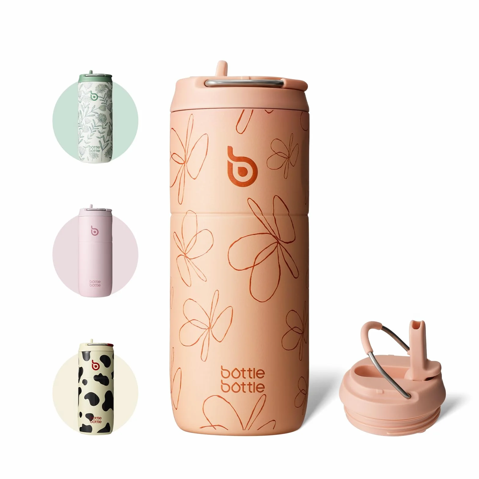 bottlebottle Gourde en acier inoxydable avec paille, 500 ml, sans BPA, couvercle anti-fuite, idéale pour l'école, le bureau, la randonnée et les excursions (motif de fleurs jaunes)