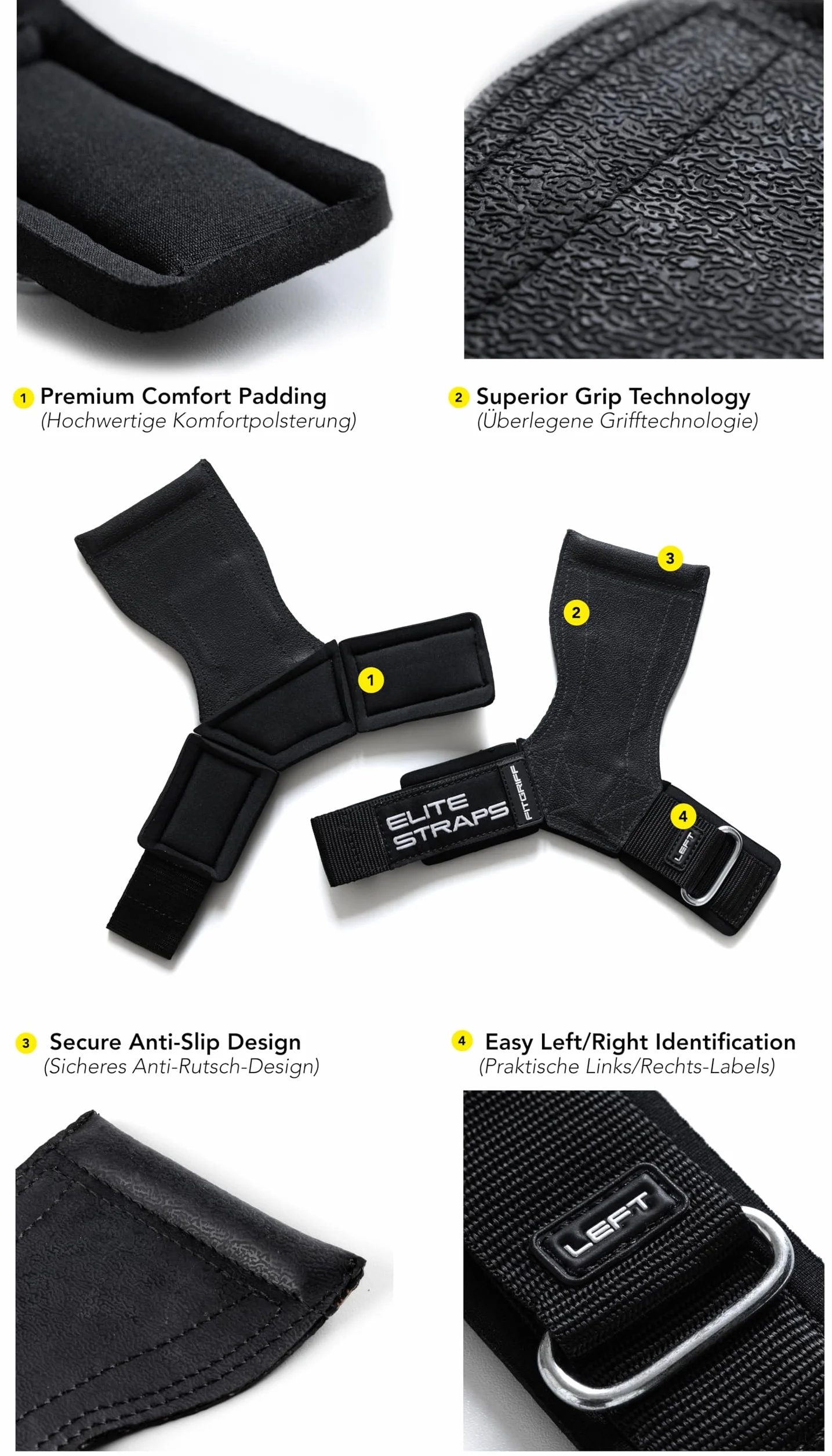 Fitgriff® Elite Straps 2.0 Sangle de Tirage Musculation Crochet Lifting Straps Fitness Levage Gym