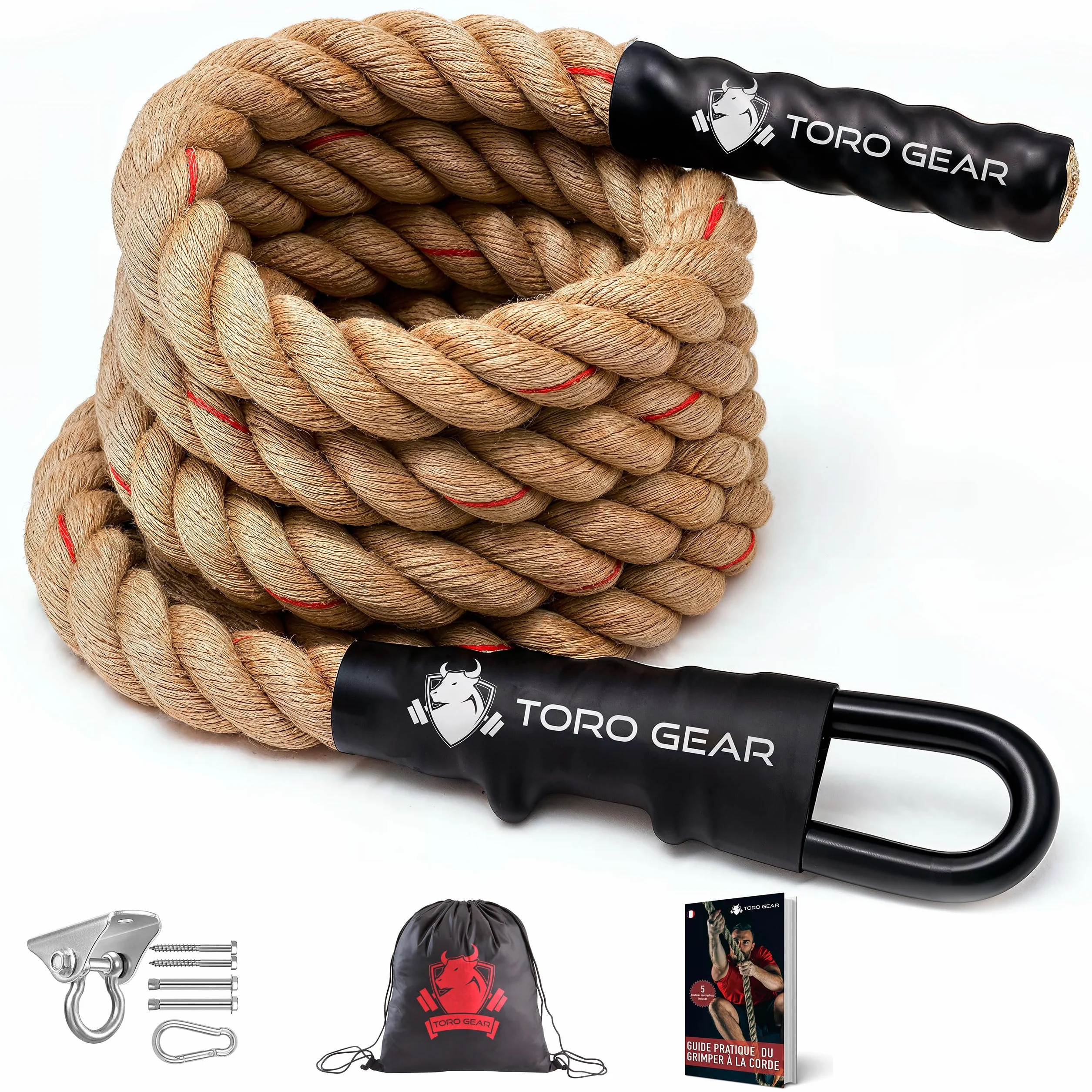Corde à Grimper en Jute 38 mm, 3-6 m avec Mousqueton pour Crossfit et Pompiers