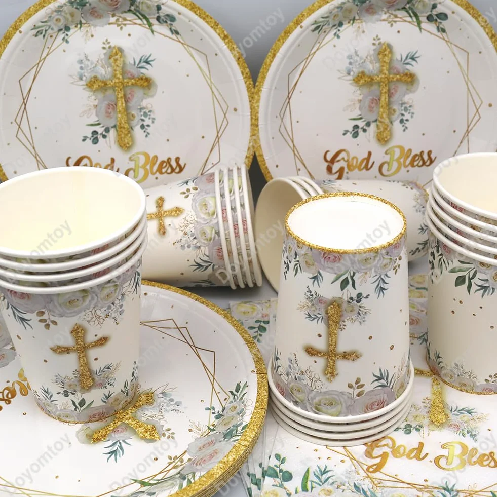 Vaisselle de Fête Communion, Set de Vaisselle Papier pour Première Communion Assiettes Serviettes Tasses 20 Personnes