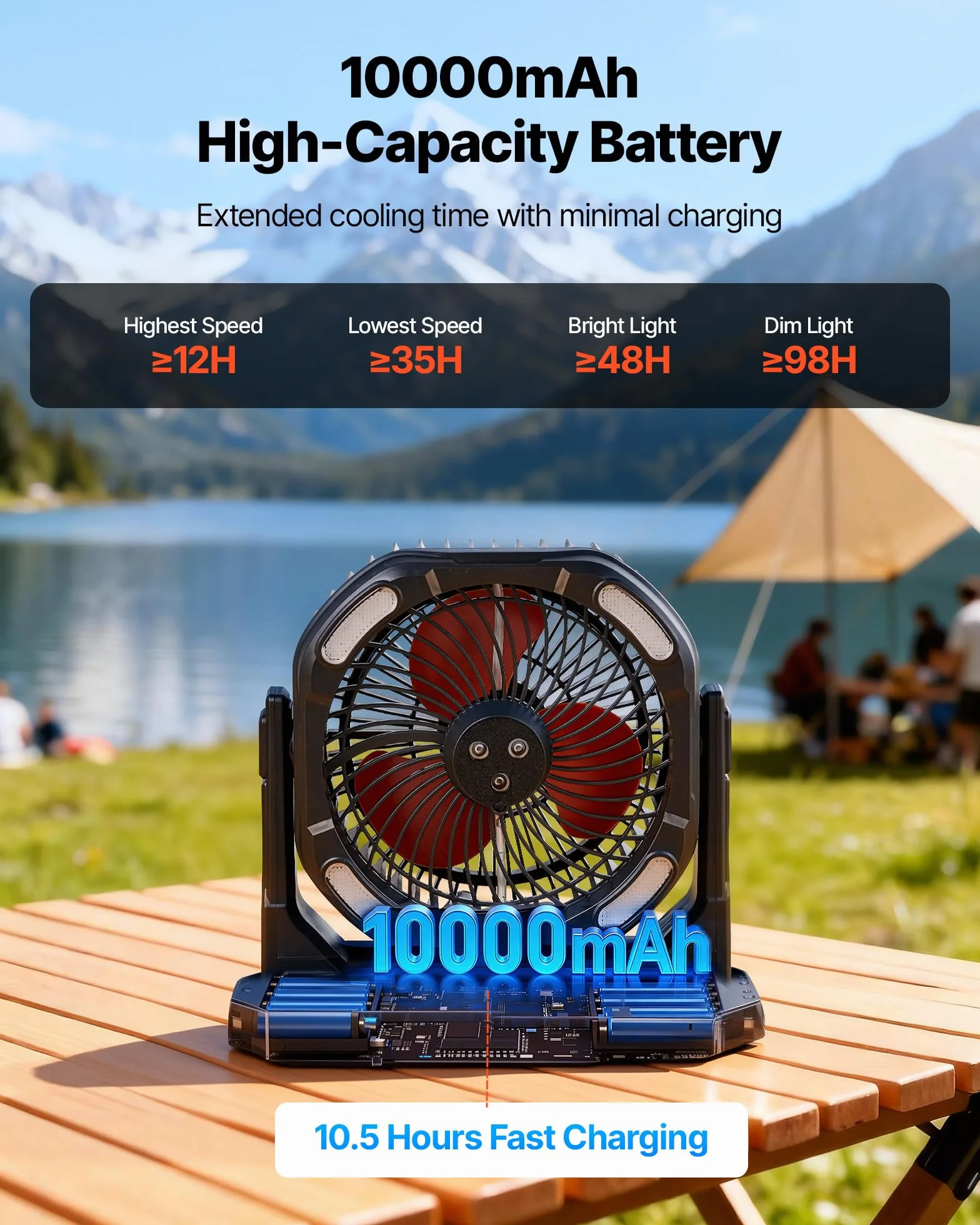 VEVOR Ventilateur Brumisateur sur Pied 2700 tr/min 9 L 4 Vitesses 5 Modes Éclairage Batterie 10000 mAh