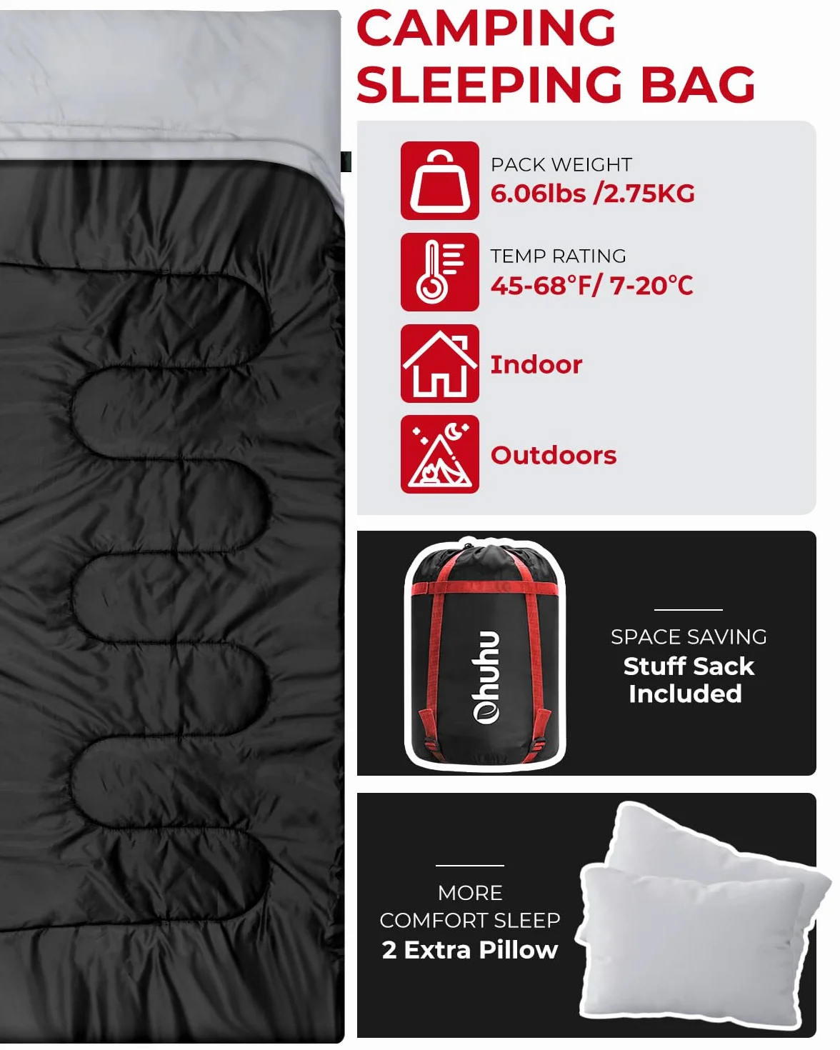 Ohuhu Sac de Couchage 2 Personnes 220x150cm Rectangulaire Camping avec Oreillers 2.75kg/3.5kg