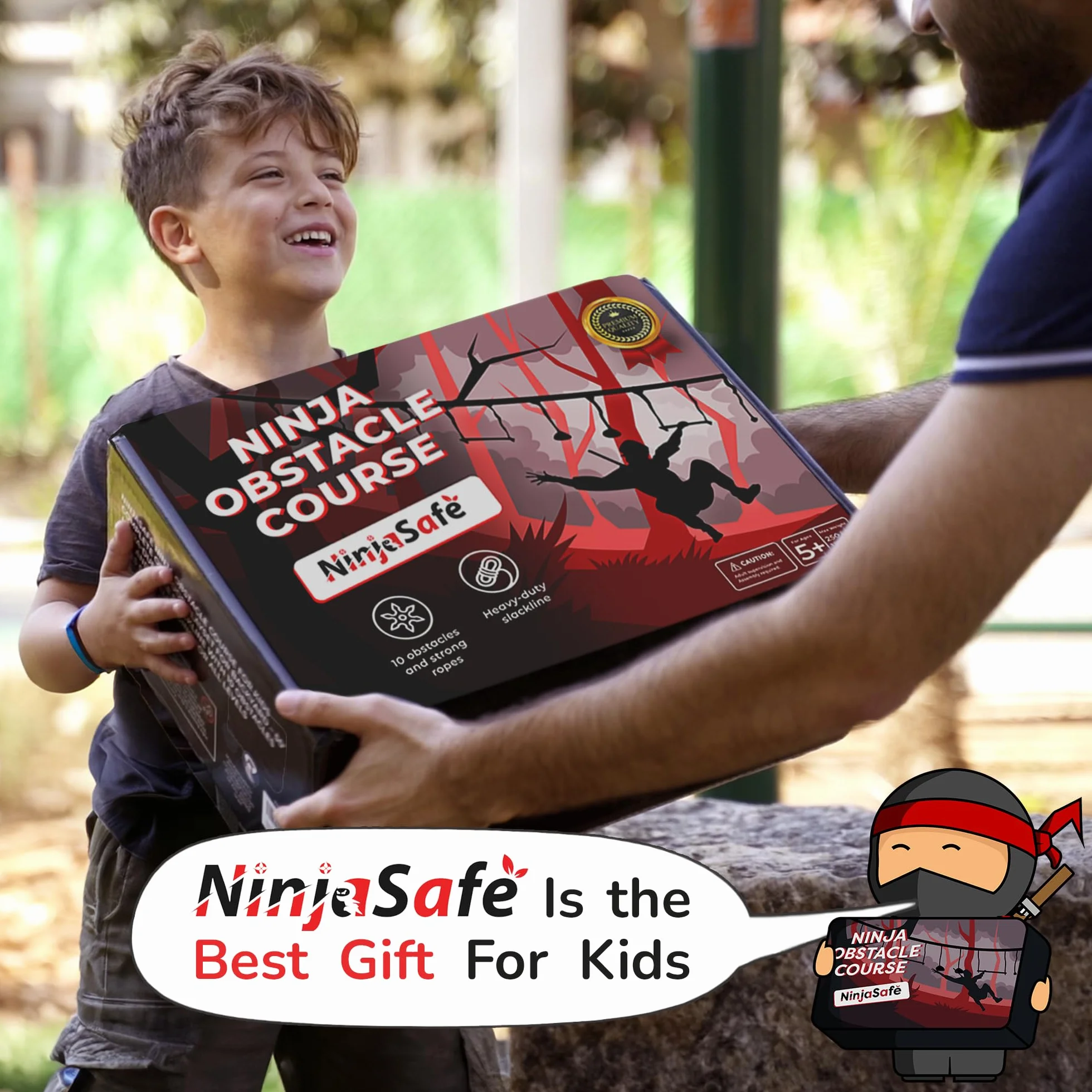 Parcours d'obstacles Ninja pour Enfants – 10 Obstacles durables et 15 m Slackline – Équipement de Jeu d'extérieur pour Filles et garçons avec Filet d'escalade, échelle, Roue, Gymnastique guerrière et