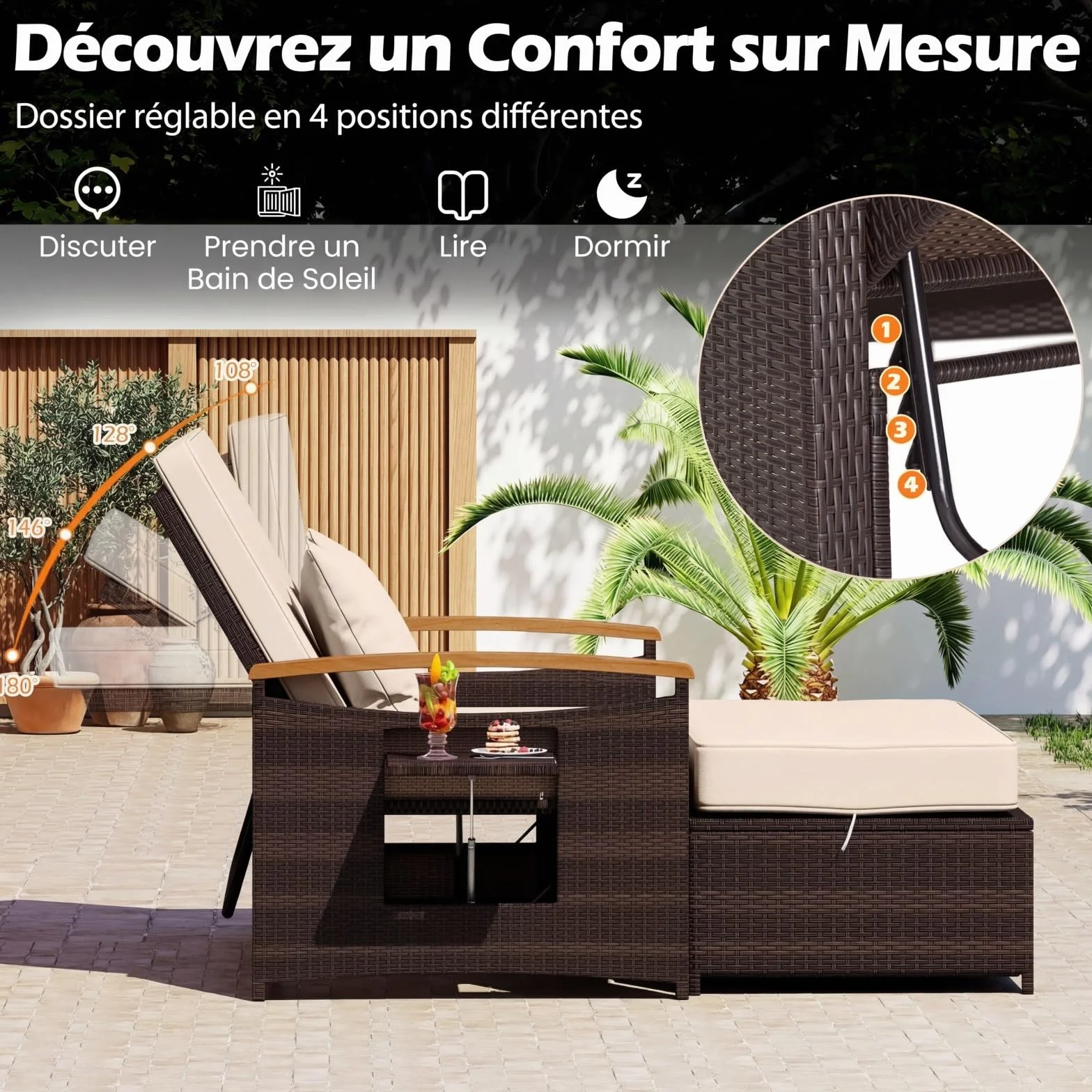 COSTWAY Salon de Jardin en Rotin avec Ottoman de Rangement, Charge 360KG, Bain de Soleil Plateau Latéral Rétractable Dossier Réglable Coussins 4 Positions, Canapé 2 Places Beige