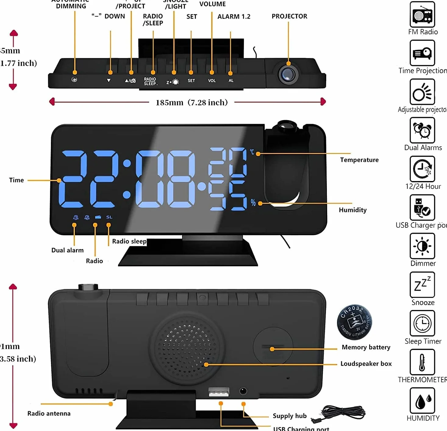 Reveil Projecteur Radio avec Horloge Numérique et Port USB, 3 Niveaux de Luminosité, 15 Volumes, 12/24h