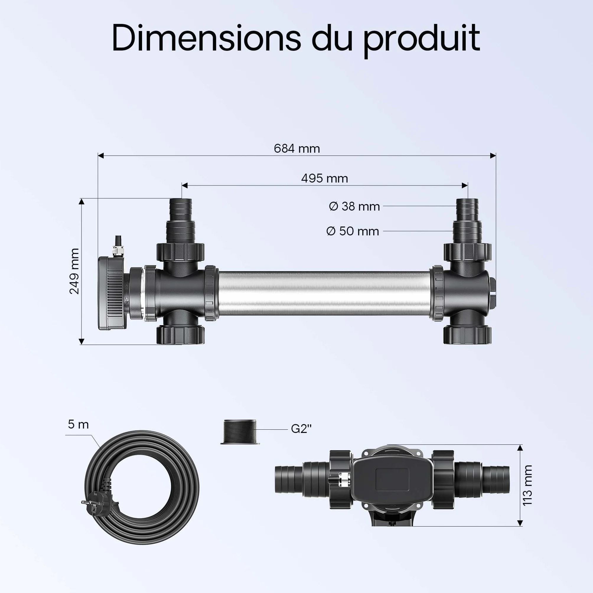 SunSun CUV-755 Stérilisateur Clarificateur Bassin UV-C 55W 8000 l/h Boîtier INOX