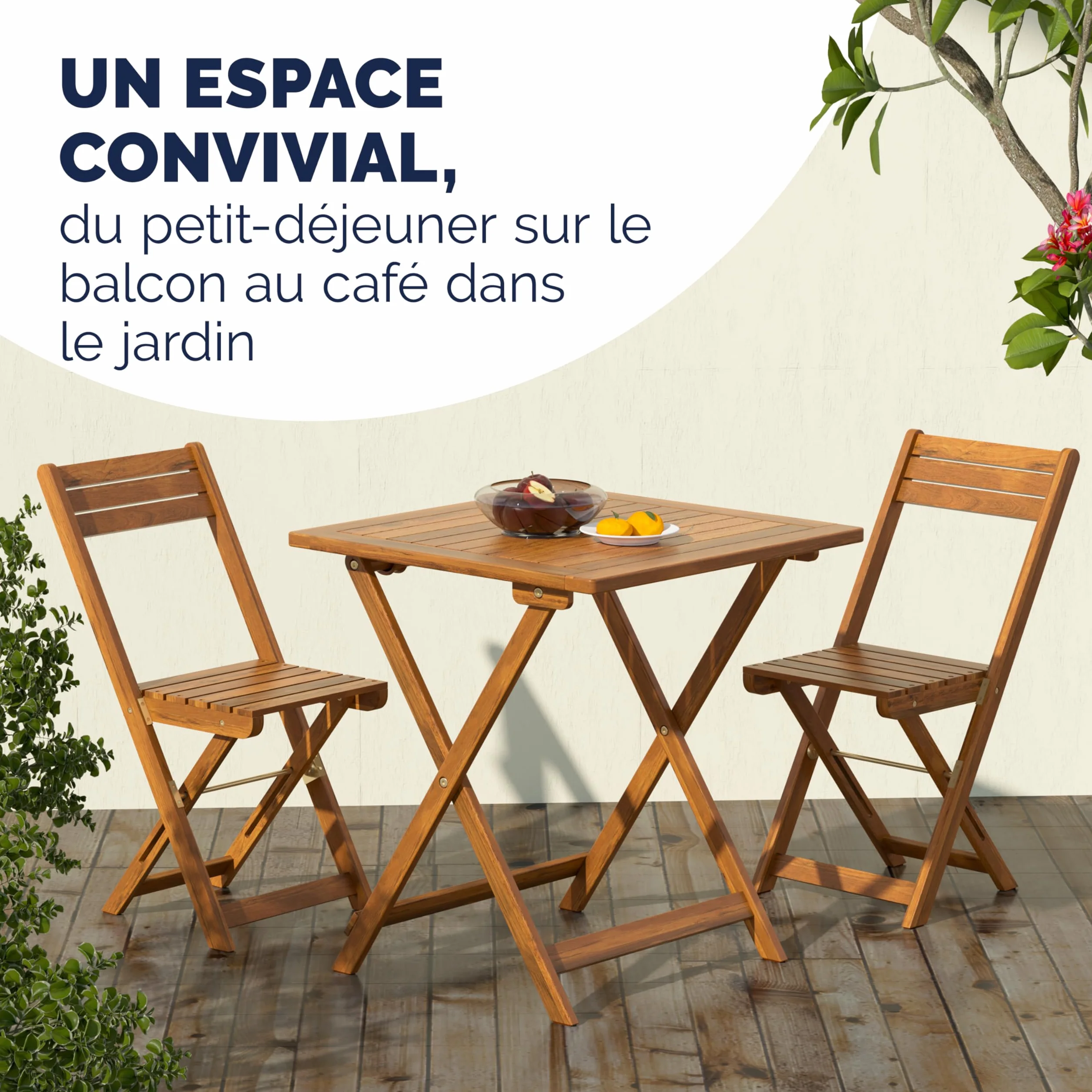 Casaria Salon De Jardin Pliable Bois D'acacia Table et 2 Chaises Résistant Aux Intempéries
