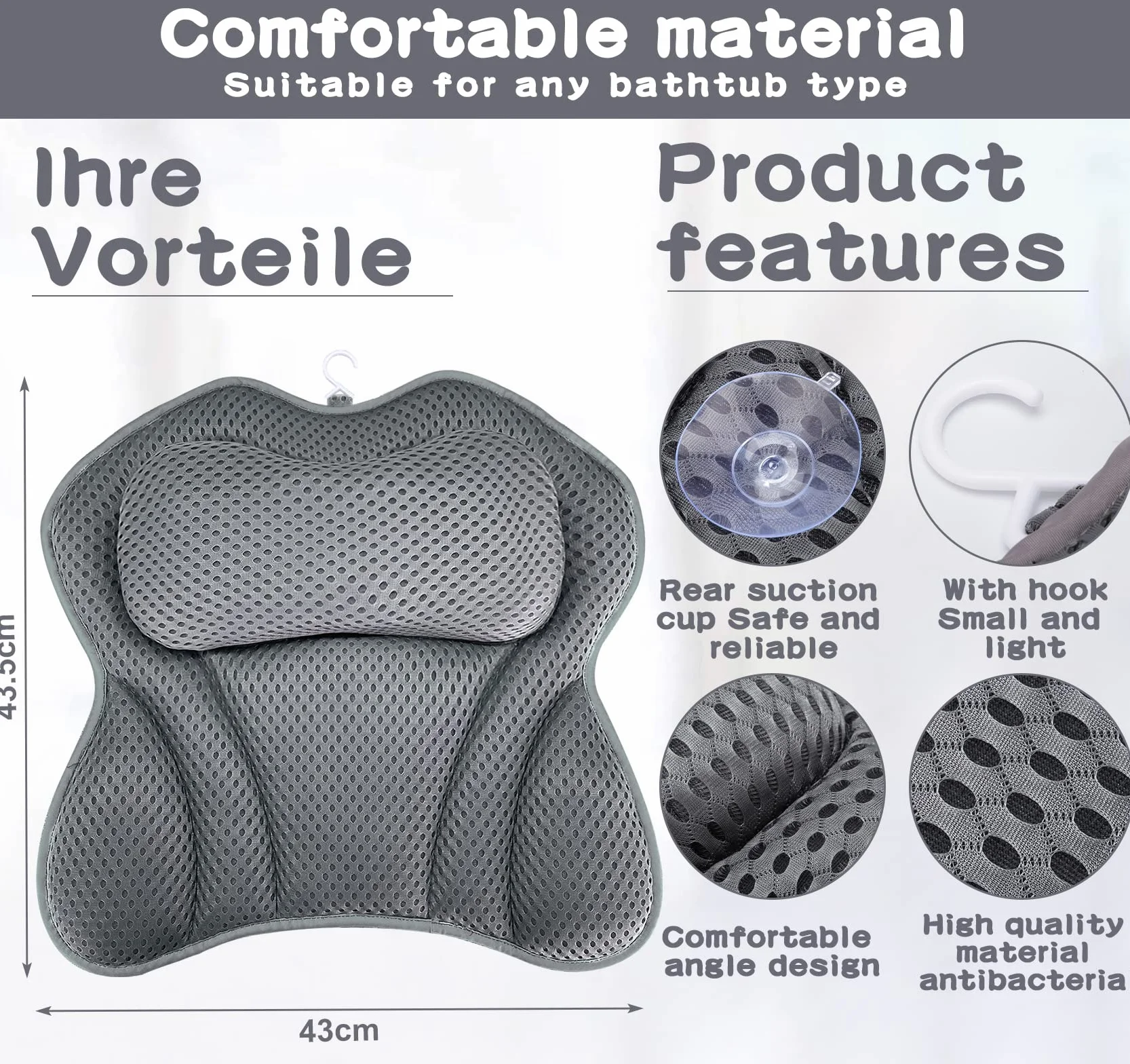 Coussins de Bain Baignoire 4D 6 Ventouses Antidérapant Oreiller Spa Jacuzzi Baignoire Grey