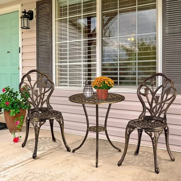Yaheetech Ensemble Table et Chaises Salon de Jardin Balcon Kit Bistro 2 Chaises 1 Table Aluminium Bronze