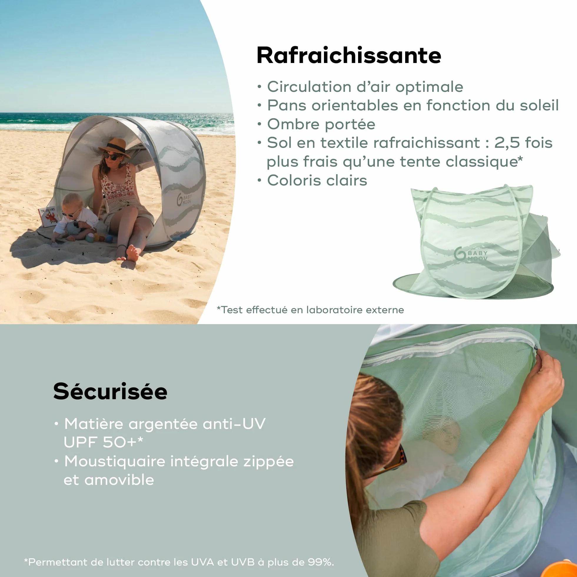 Babymoov Tente Anti-UV Bébé Rafraichissante Moov & Protect - Haute protection Anti-UV UPF 50+ - Système Pop Up - Grande Tente de plage - Moustiquaire à Maille Fine, Green Lagoon