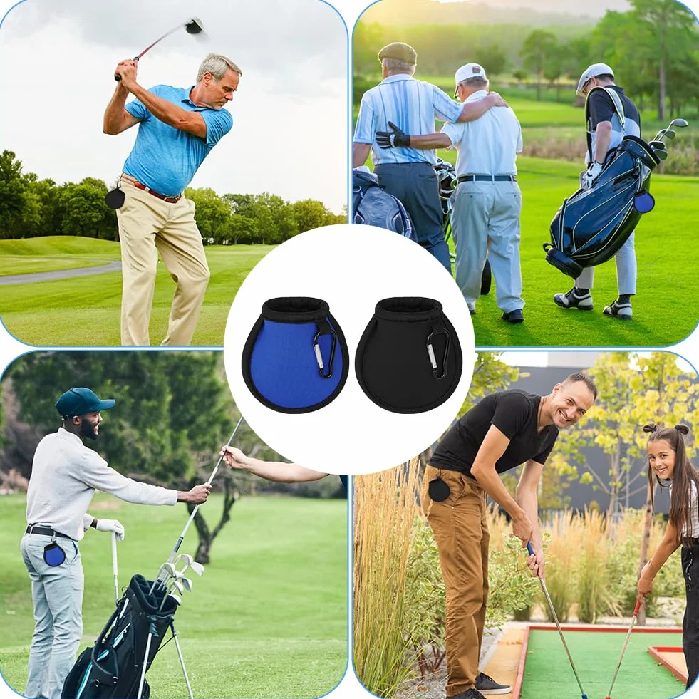 Pochettes de Nettoyage de Balles de Golf, 2 Pcs Imperméable, Sac de Golf Double Couche, Portables avec Mousqueton, Noir + Bleu