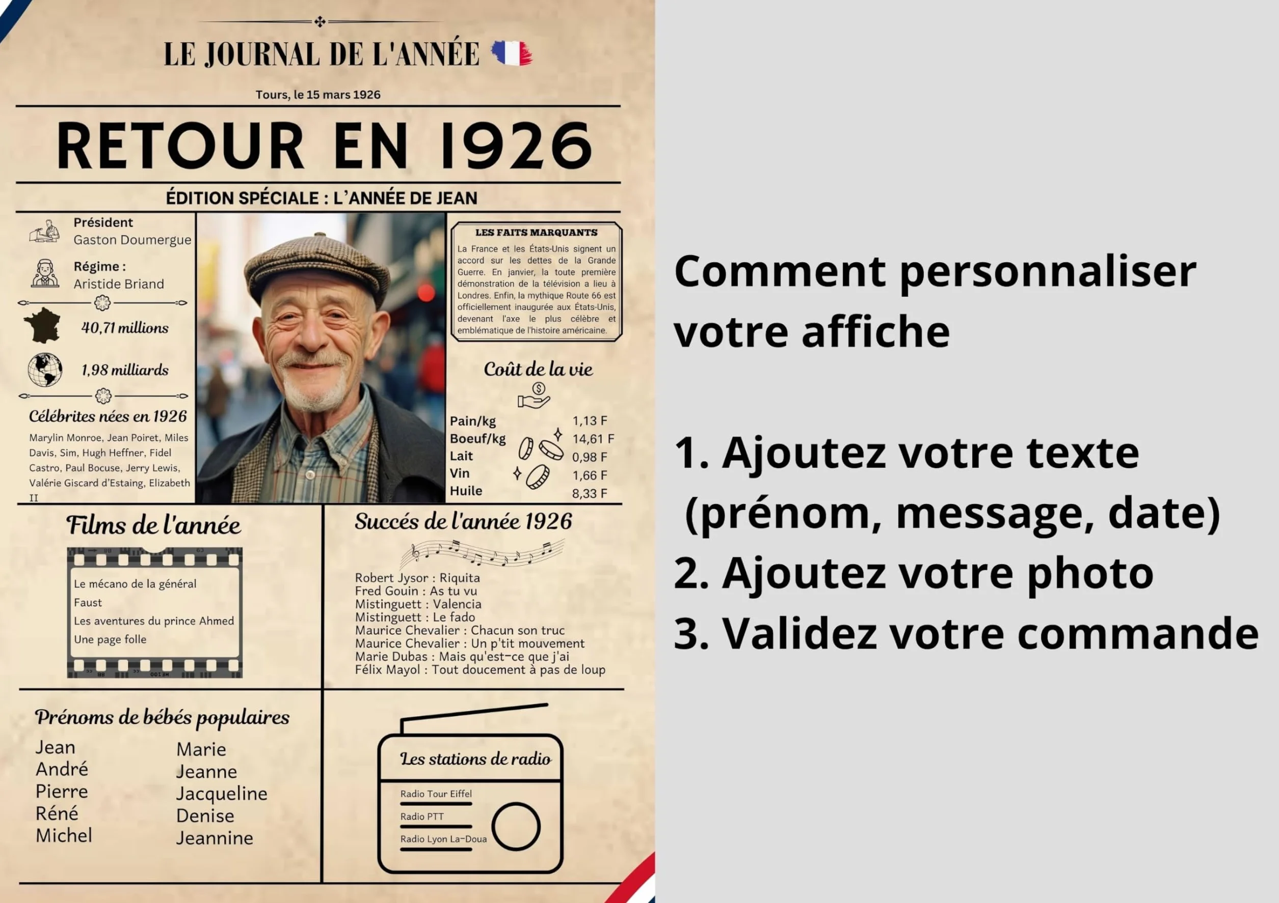 Affiche Année 1926 Personnalisée avec Photo – Journal de Naissance Vintage – Cadeau Anniversaire 99 Ans
