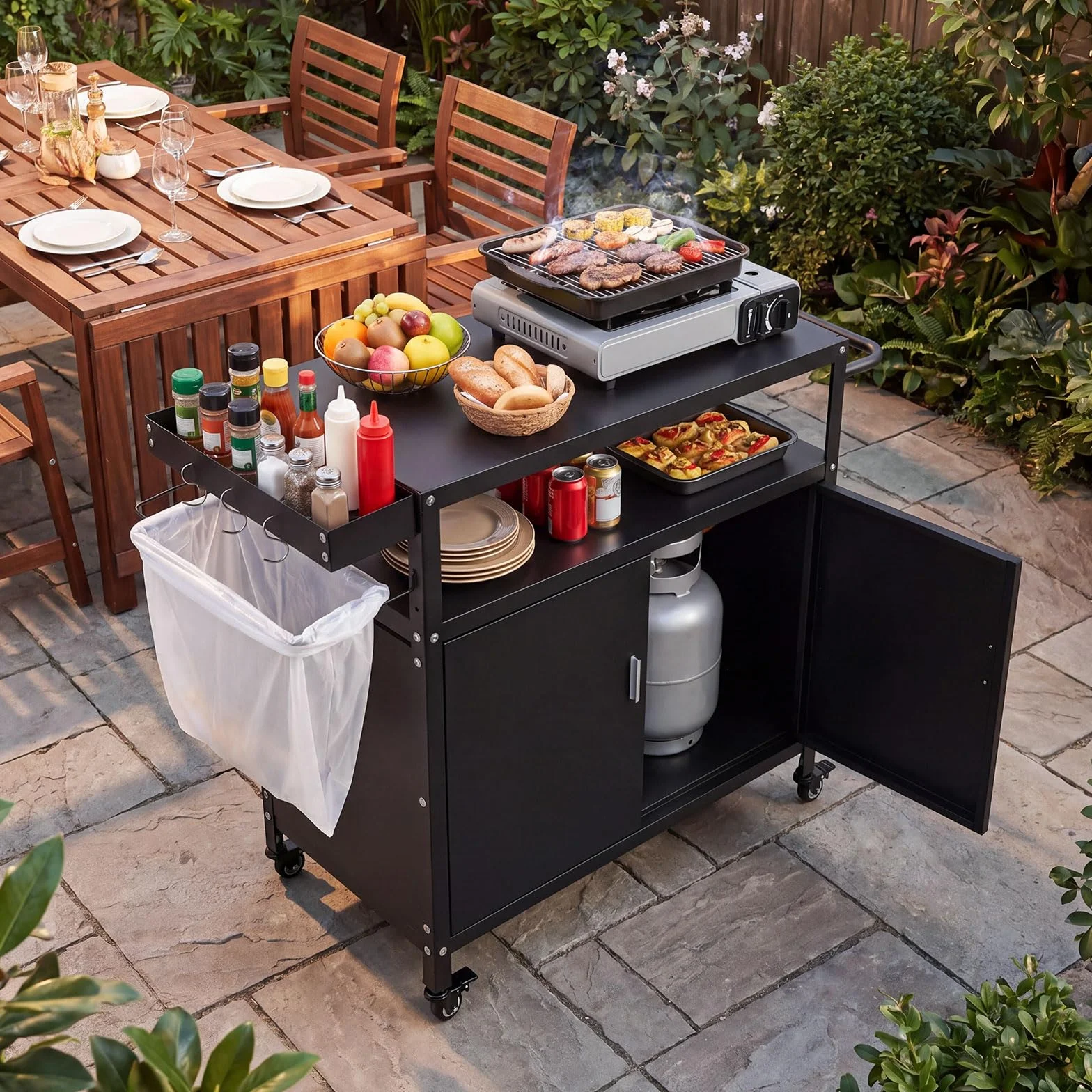 COSTWAY Chariot de Barbecue à roulettes 109 x 45 x 89 cm avec Rangement et Porte-Serviettes