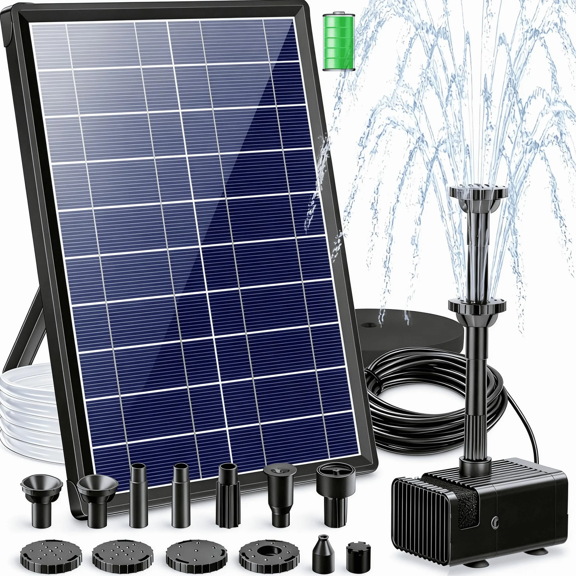 Fontaine Solaire Bassin Jardin 7.5W Pompe à Eau Extérieure 3600 mAh Batterie 139GPH 1.5M Tube 10 Buses DIY