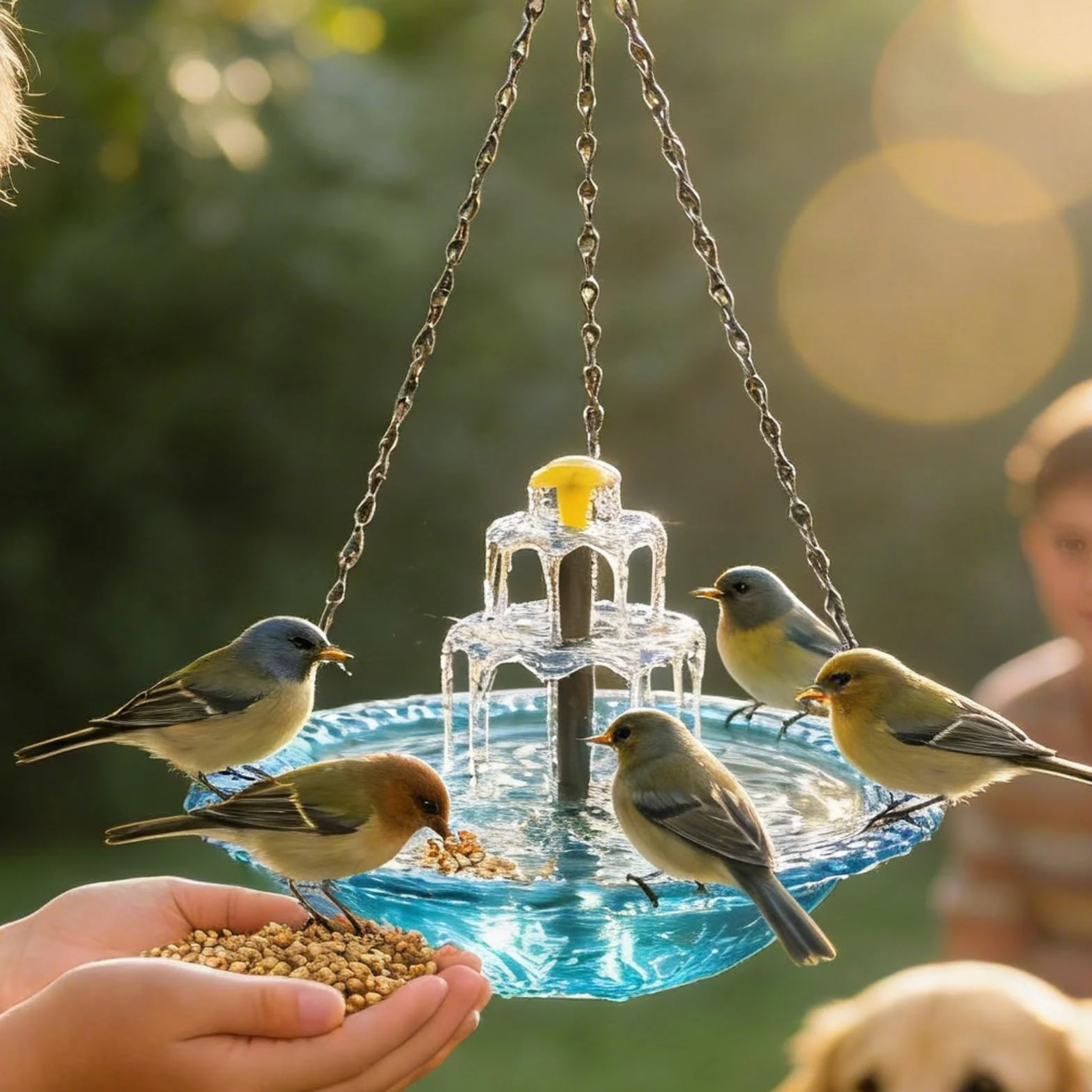 Bain d'Oiseaux Suspendu avec Fontaine Solaire | Grande Coupe en Verre Artistique, Alimenté par Pompe Solaire